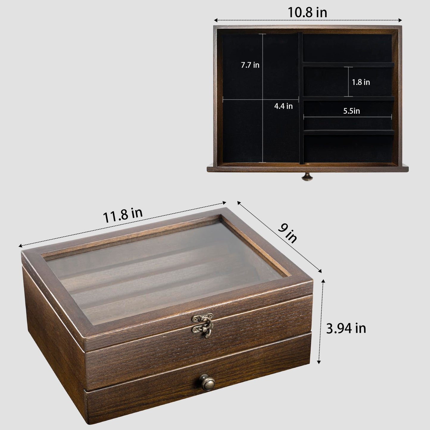 Knife Display Case Knife Collection Display Holder with Glass Lid, 2-Layer Wooden Pocket Knife Case with Drawers