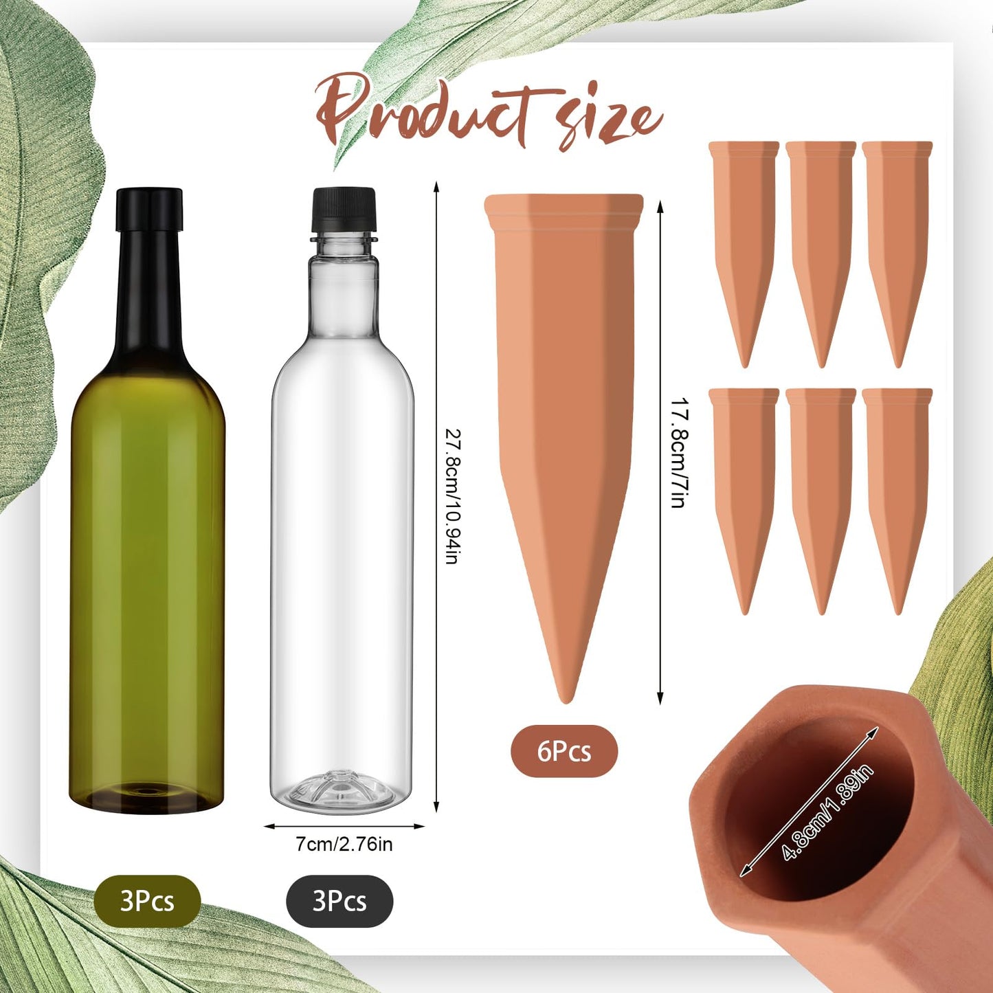 SiliFine 6 Sets Plant Watering Devices Include Terracotta Self Watering Spikes and 26 oz Plastic Bottles, Slow Release Vacation Insert Automatic Plant Waterer Device (Clear Green and Terracotta)