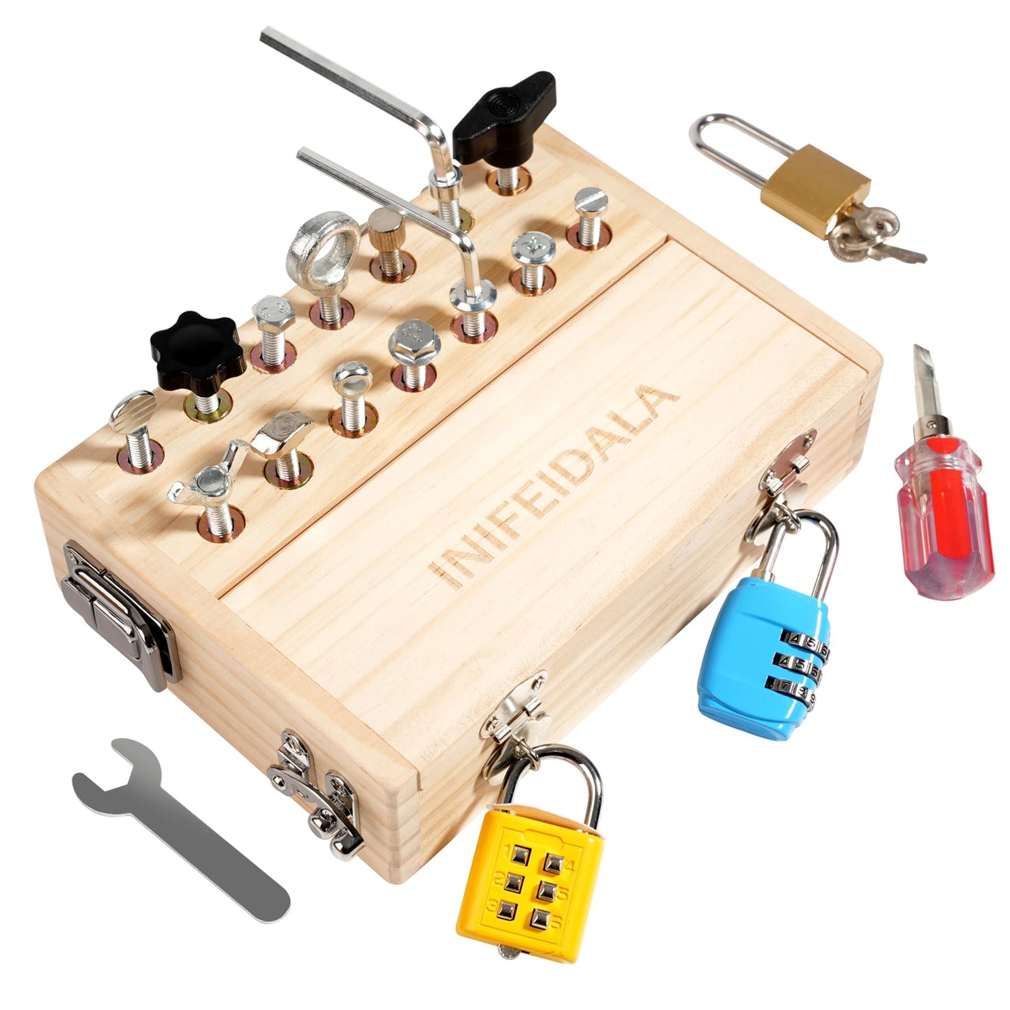 INIFEIDALA Montessori Busy Board for Toddlers Ages 3+ - Wooden Sensory Activity Board with Locks Keys & Screwdriver Tool Set - Educational STEM Learning Toy for Fine Motor Skills Development