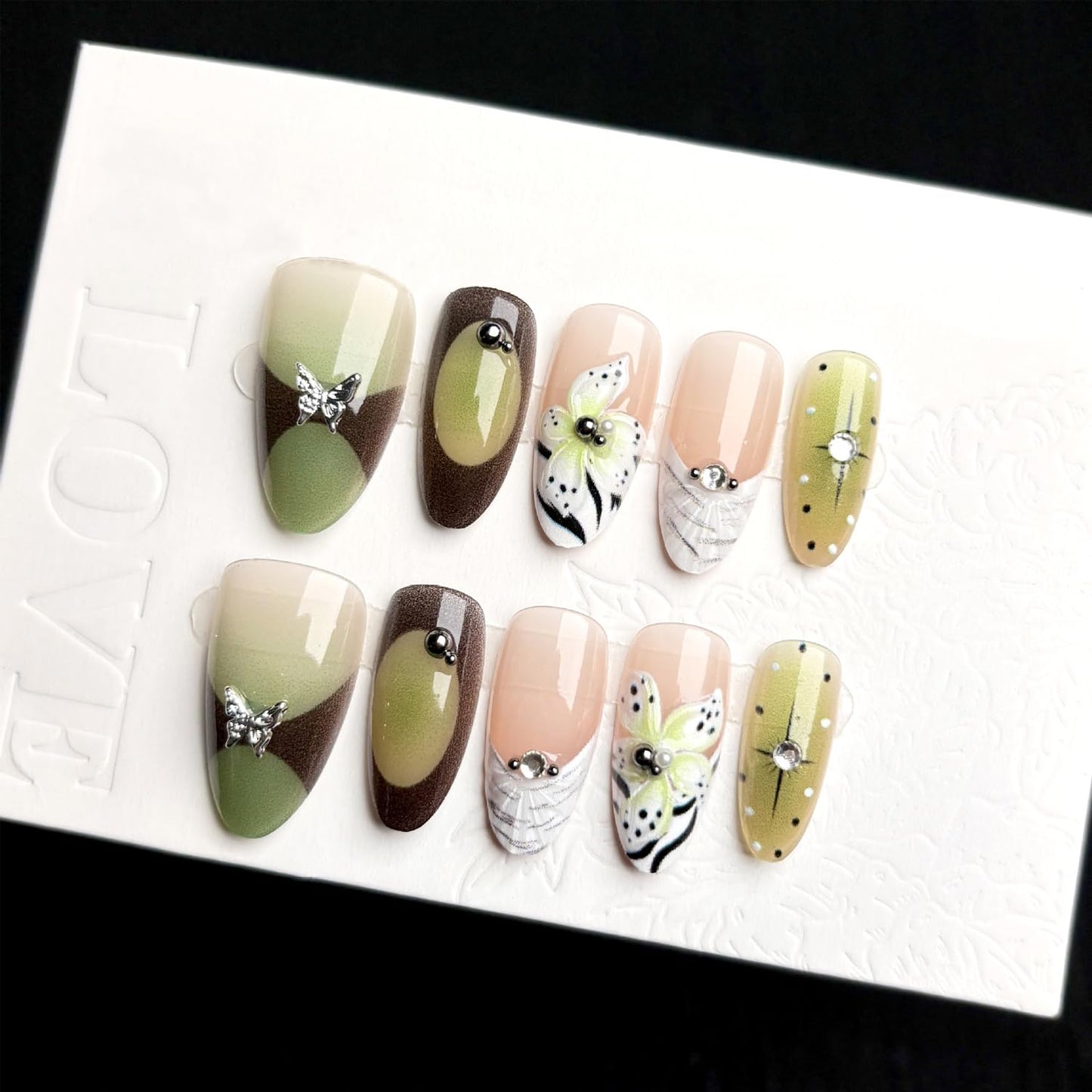 30Pcs Green Press on Nails Almond Medium Fake Nails with 3D Rhinestone Design Stick on Nails Flower Butterfly False Nails Spring Summer Acrylic Nails French Tip Handmade Nail Art Kit for Women
