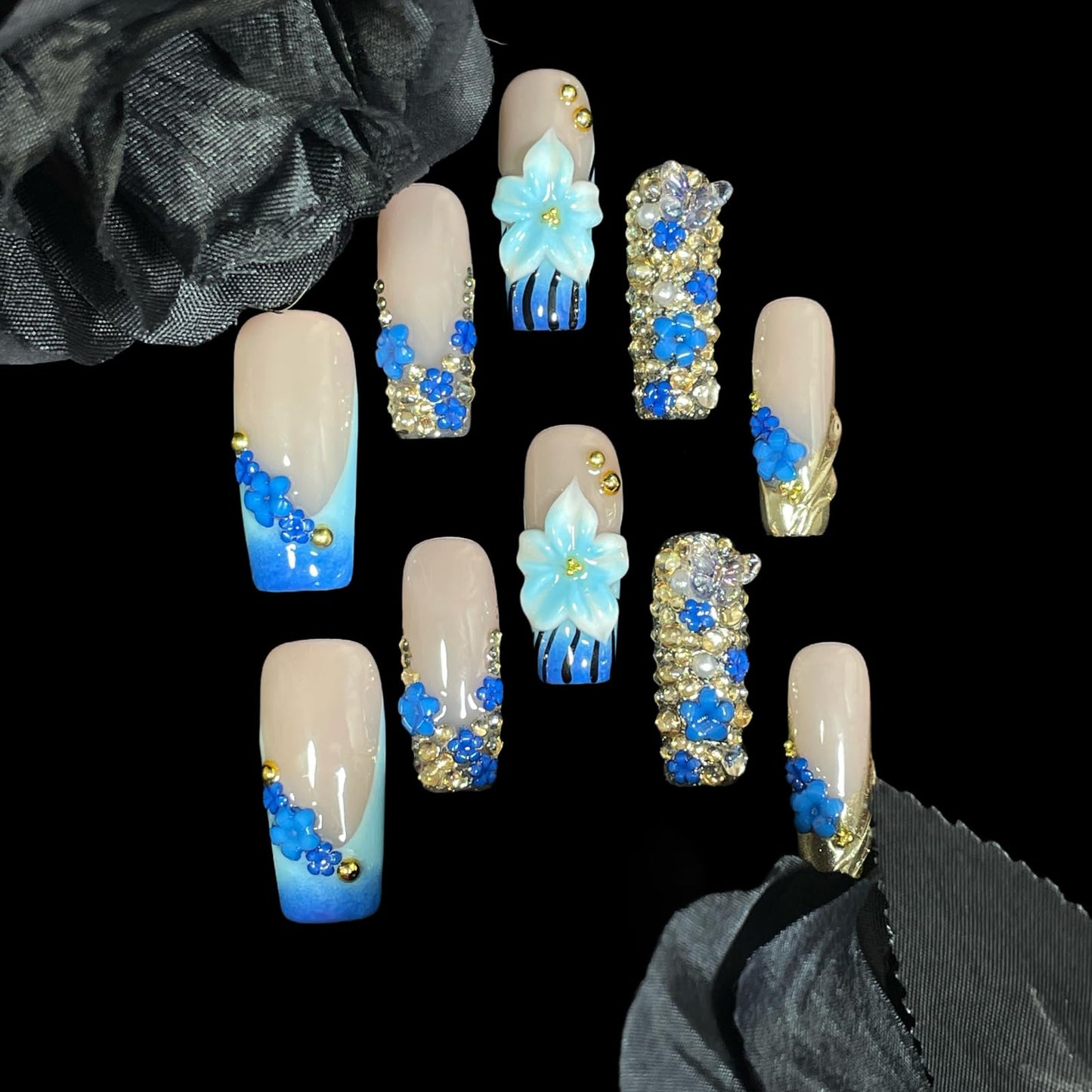 Handmade 3D Floral Press On Nails, Medium Long Square Shape, Blue Gradient with Rhinestones, Gold Beads, Reusable Acrylic False Nails (Blue enchantress, L)