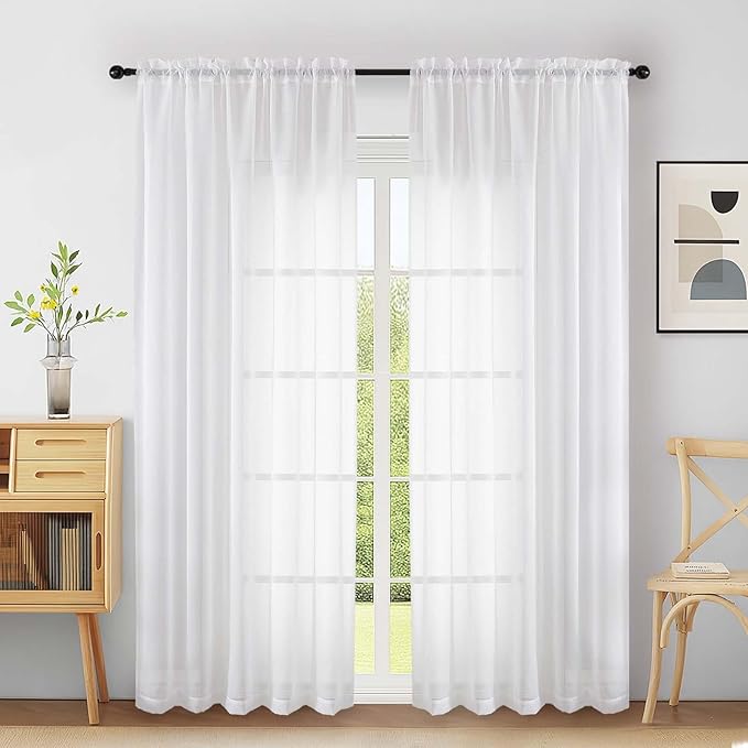 Extra Wide White Sheer Curtains 90 Inches Long 2 Panels, Light Filtering Lightweight Solid Sheer Curtains for Bedroom Living Room, Window Voile Sheer Drapes, Dual Rod Pocket, 2x59Wx90L Inches
