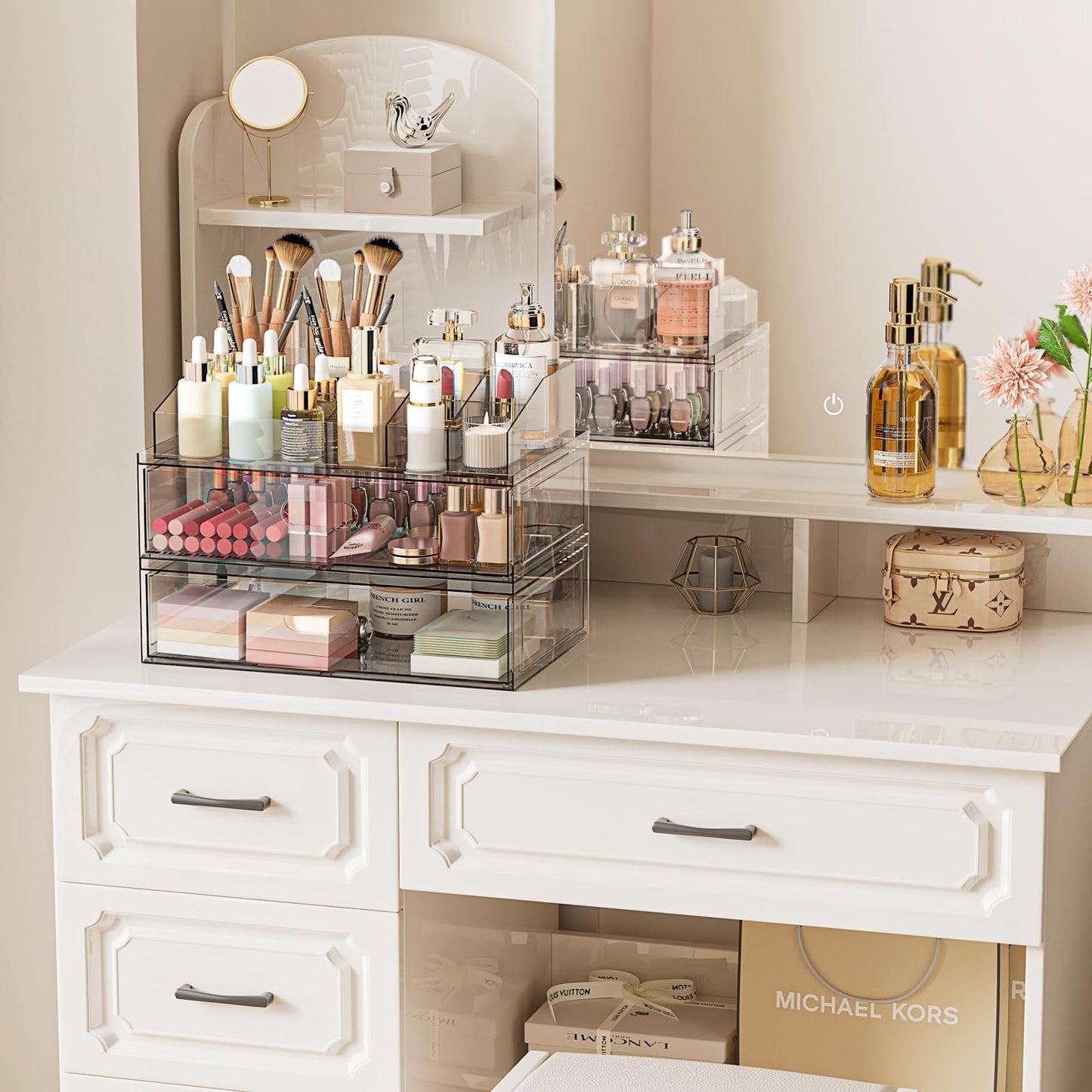 Clear Stackable Makeup Organizer with Drawer, 12''W Acrylic Storage Drawers, Cosmetic Display Case for Vanity Bathroom Countertop, Beauty Holder for Lipstick Brush Skincare Perfume