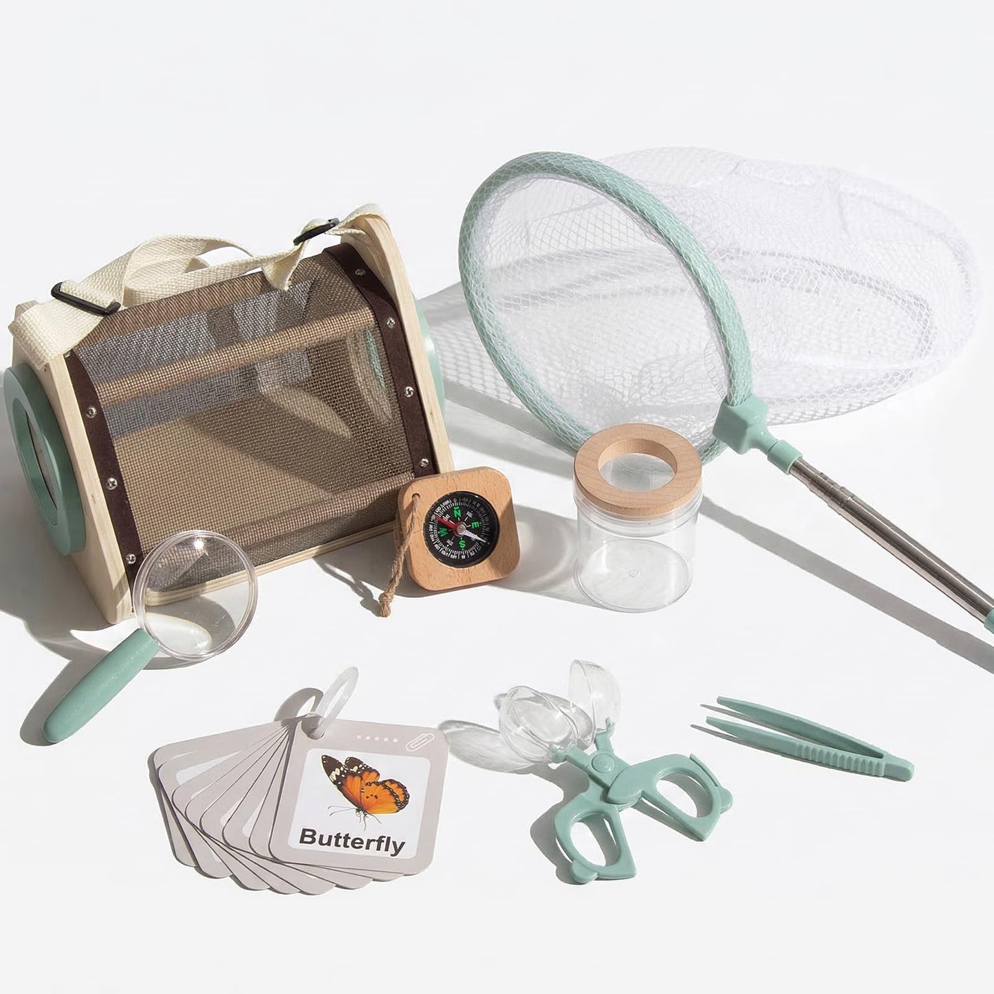 Wooden Bug Catcher Kit for Kids 3-8, 8 PCS Outdoor Explorer Kit with Bug Collector Toy Bugs Card Butterfly Net Magnifying Glass Insect Catcher Tweezers, Bug Catching Kit for Backyard & Camping