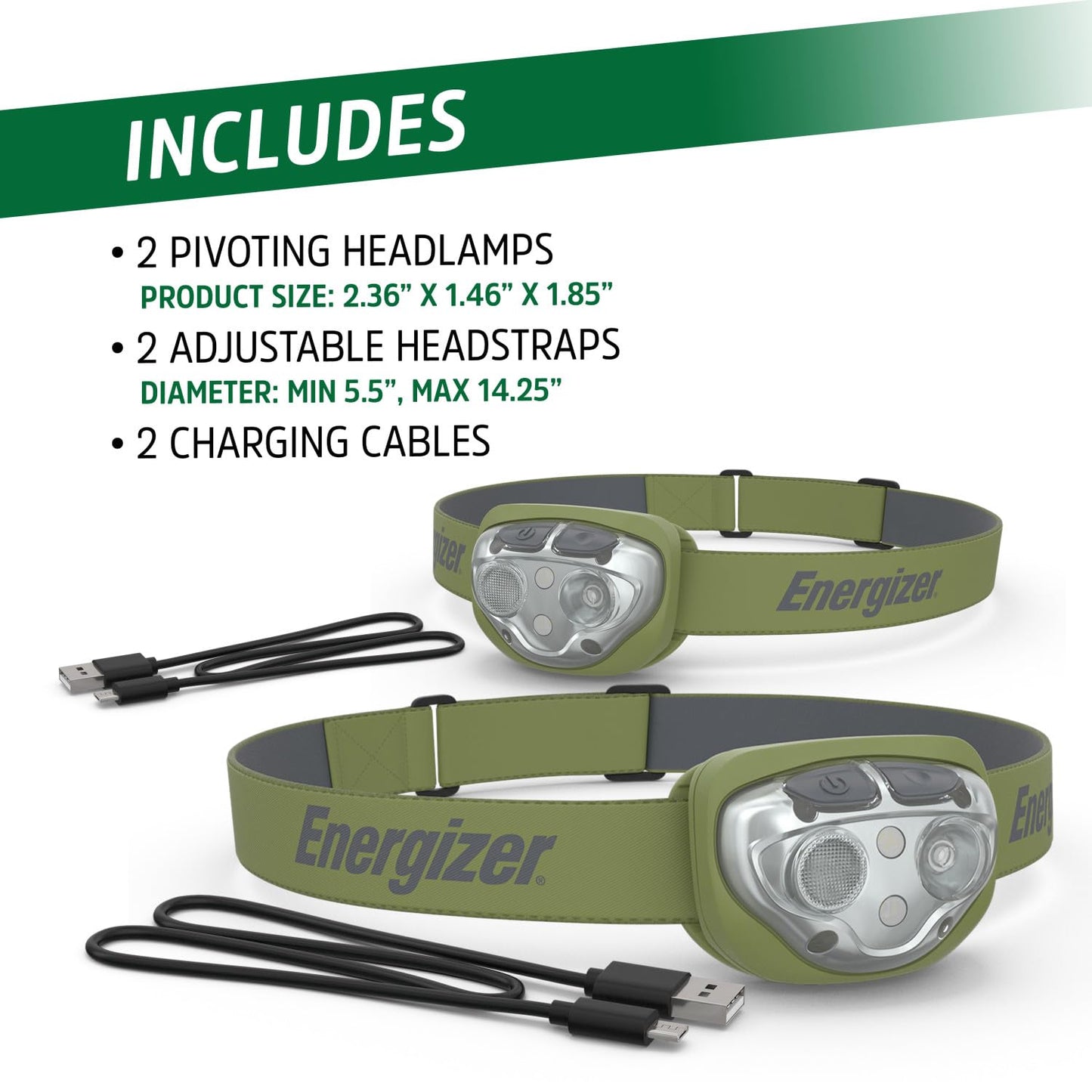 Energizer PRO-400 Headlamp Rechargeable (2-Pack), IPX4 Water Resistant Rechargeable Headlamp, Ultra Bright Multiple Light Modes Head Lamp, Camping, Running, Outdoors, Emergency Light, USB Included