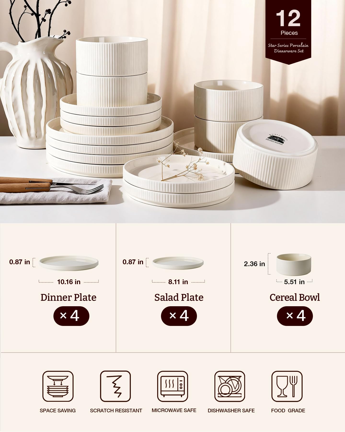 Richmount Star 12-Piece Plates and Bowls Set, Porcelain Dinnerware Sets for 4 Service, Modern Dish Set-Chip and Scratch Resistant, Dishwasher & Microwave Safe, Creamy White