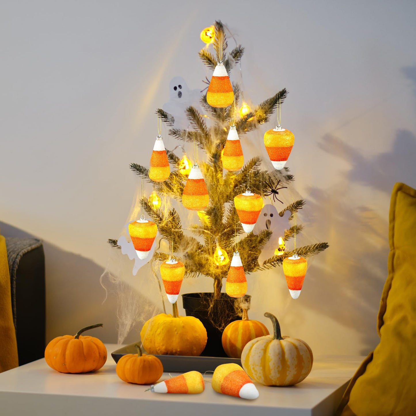 12 Pcs Halloween 3D Glitter Candy Corn Ornaments Large Halloween Candy Corn Hanging Pendant with Ropes Mini Tree Decorations for Halloween Christmas Holiday Garland Candy Party(Candy Style)