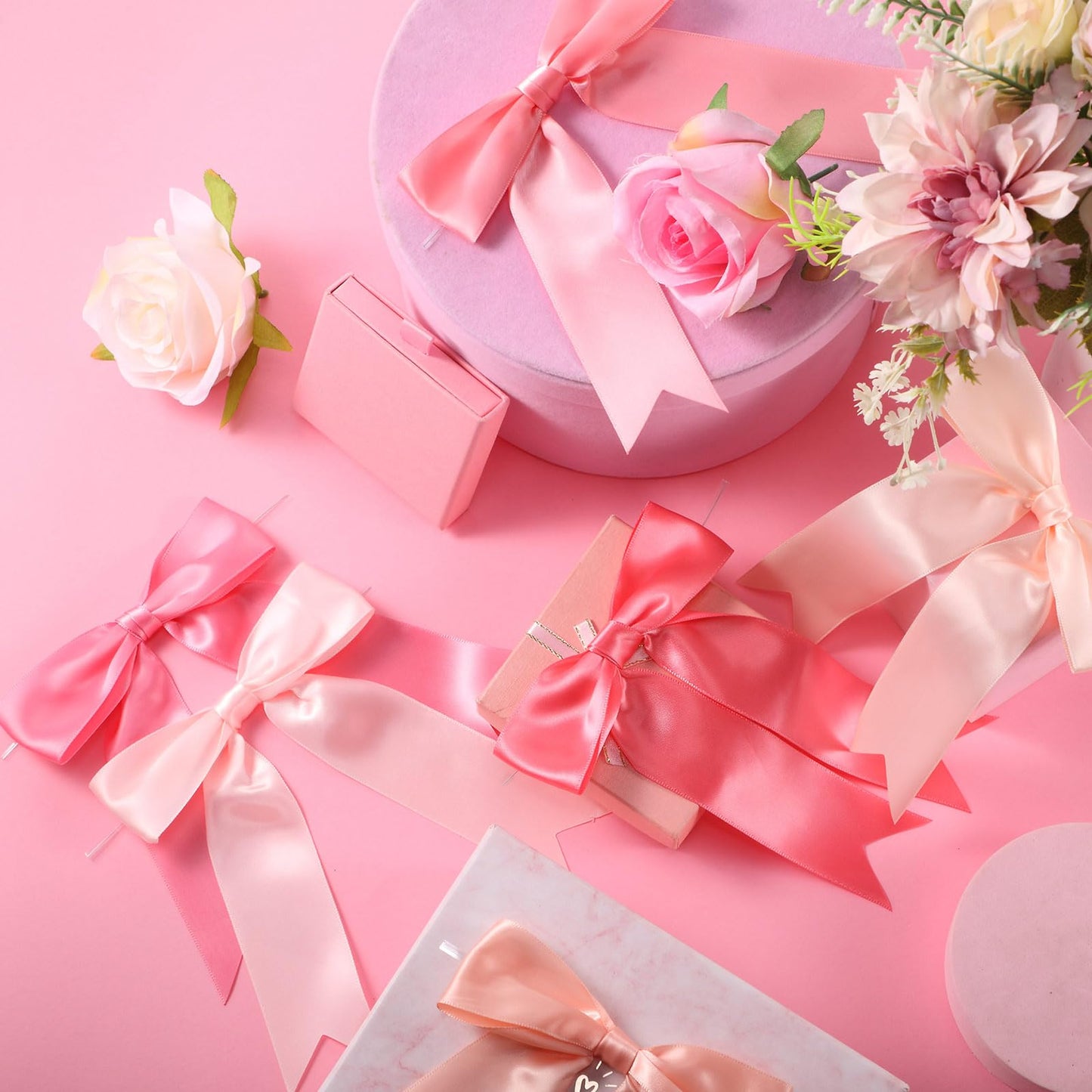 Canlierr 48 Pcs Pastel Tie Bows Satin Ribbon Bows with Twist Tie Craft for Wedding Wall Backdrop Decorations Birthday Wrapping Party Decor (5 x 7 Inch,Pink)