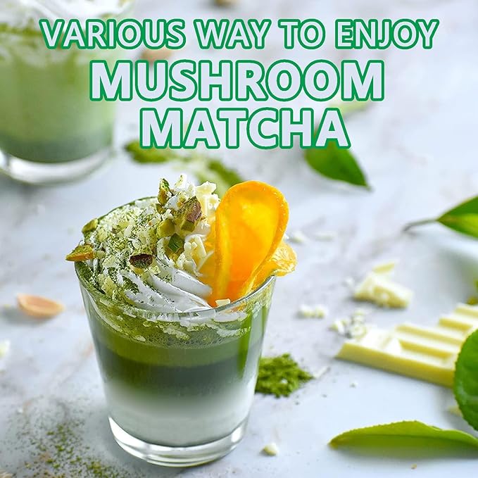 Mushroom Matcha, Ceremonial Matcha Tea Powder with 7 Superfood Mushrooms, Gluten Free, Taste Great Hot or Cold Matcha Latter - 150g 30 Serving