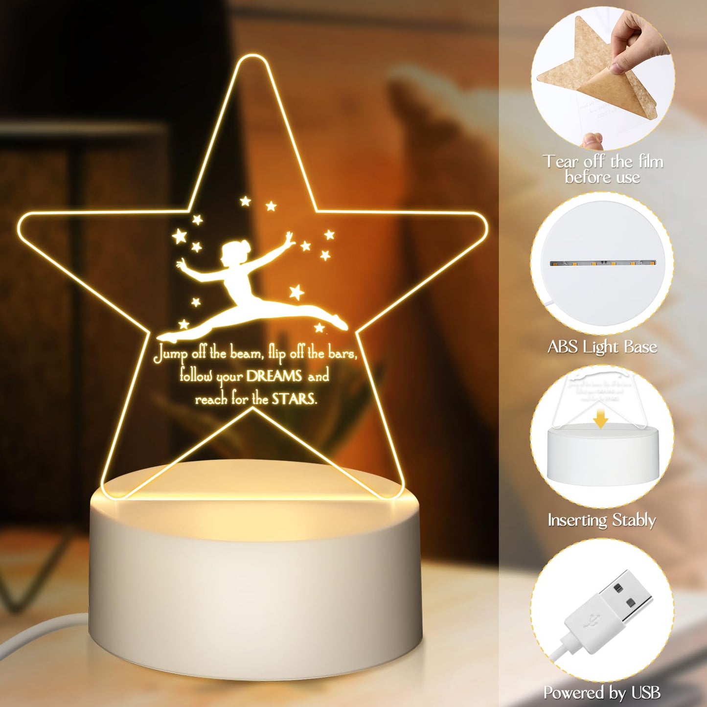 Kittmip 6 Pcs Gymnastics Stuff Gifts 3D Night Light with Base Inspirational Acrylic Appreciation Gymnastics Lamp LED for Student Dance Team Gymnast Gifts
