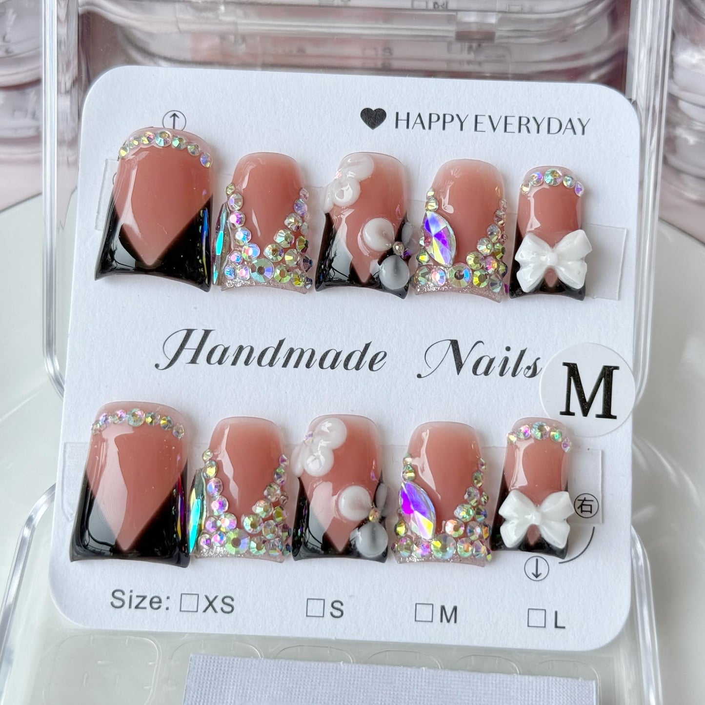 Haozerart Luxury Handmade Press-on Nails, 10 Pcs Short Square Black V French Tip Fake Nails with Rhinestones & White Bow, Reusable Nail Kit for Women M Size