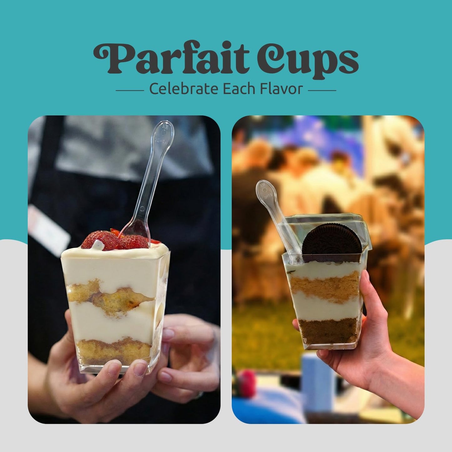 Sammray 100 Pack 5 oz Dessert Cups with Lids and Spoons – Plastic Parfait Cups for Appetizer and Desserts be it, Mousse, Tiramisu, Pudding, or salads - Perfect for Parties