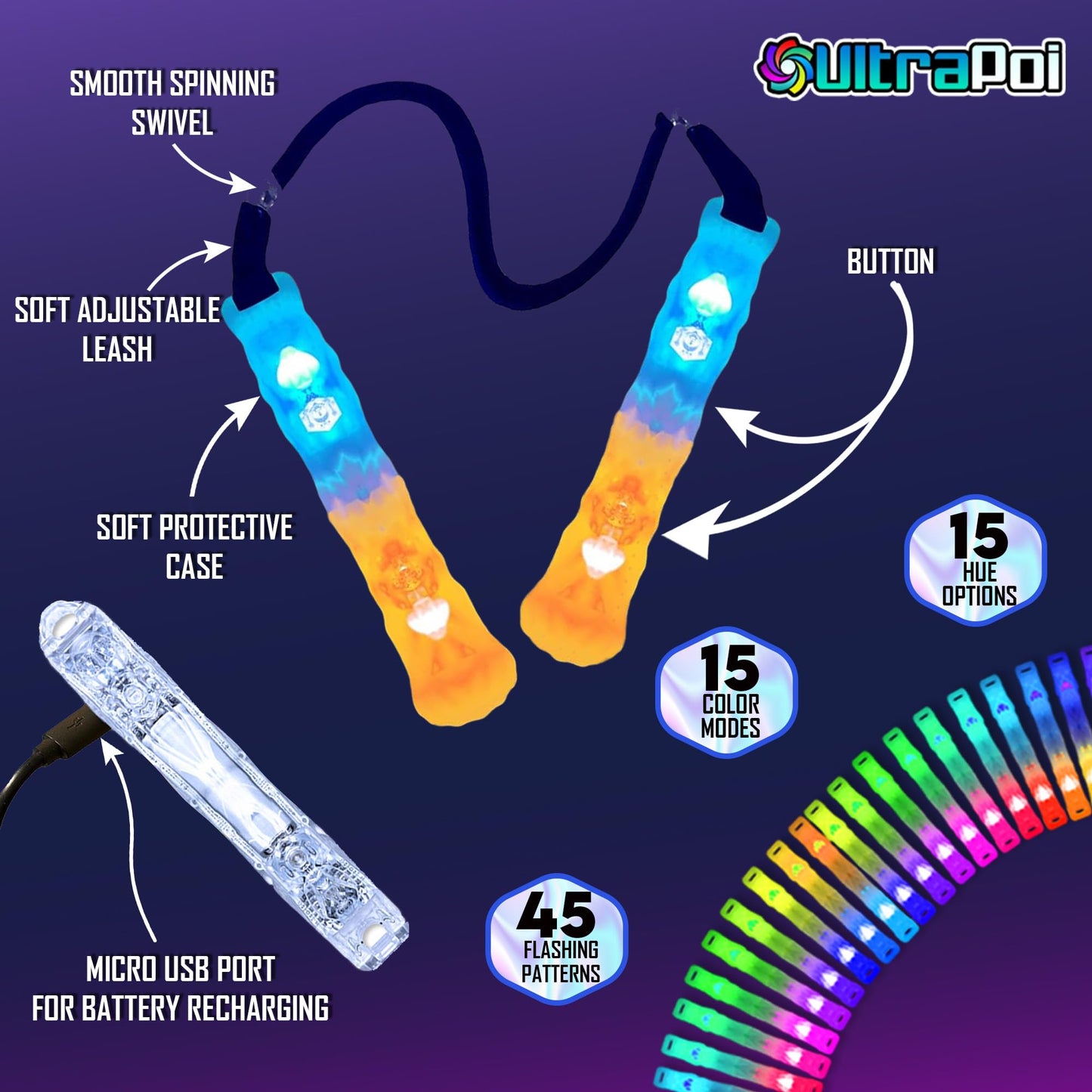 UltraPoi HelixPoi Pro Set – Rechargeable LED Poi w/ 50+ Color Modes – Spinning Light Flow Toys w/Non-LED Knob Handles, Soft Cases & Adjustable Leashes – Visual Poi for Rave, Parties & Performance