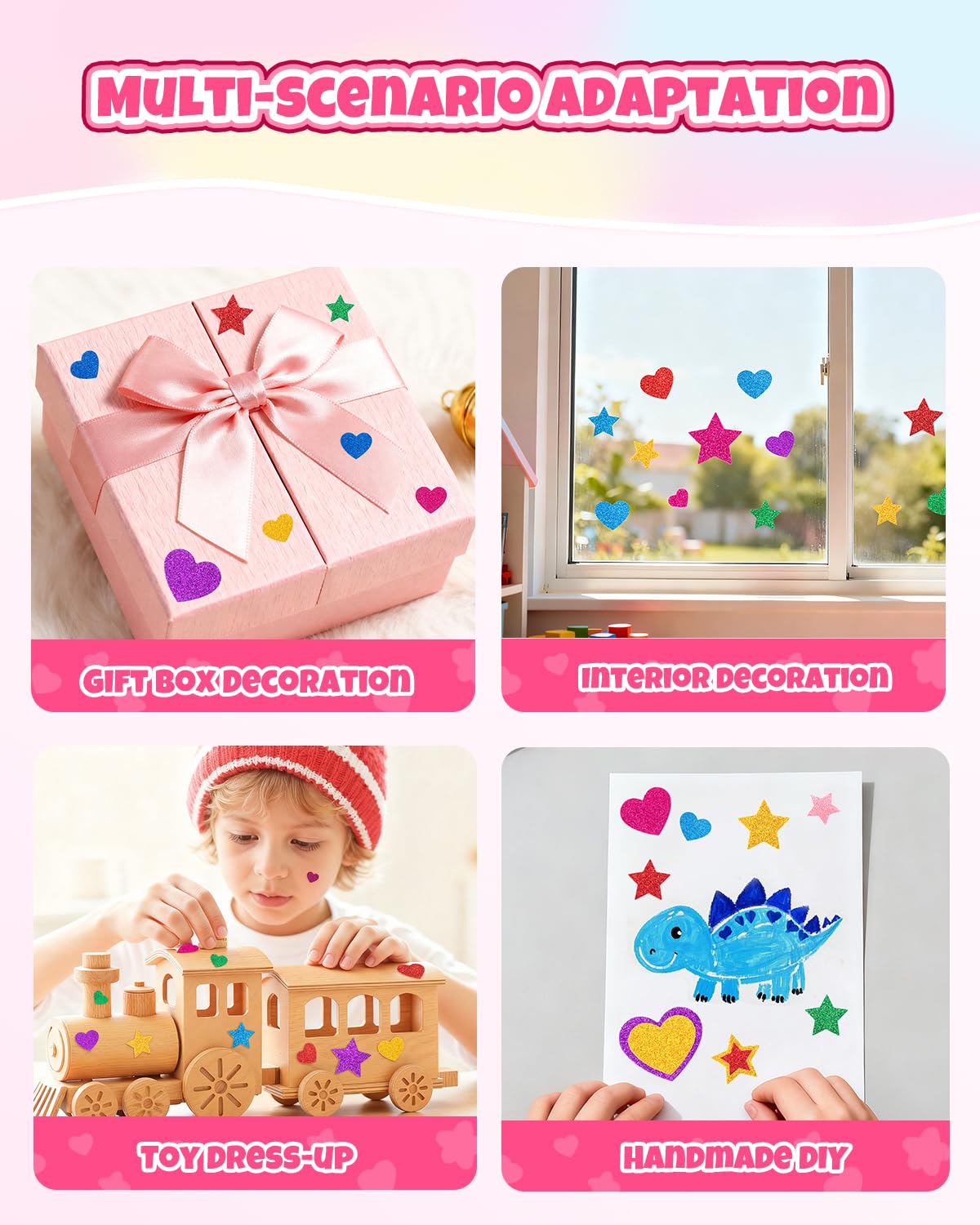 1024PCS Glitter Foam Stickers for Kids - Self-Adhesive Heart & Star Shapes, Sparkle Craft Stickers for DIY Greeting Cards, Scrapbooking, Home Decor, Envelopes & Children's Art Projects