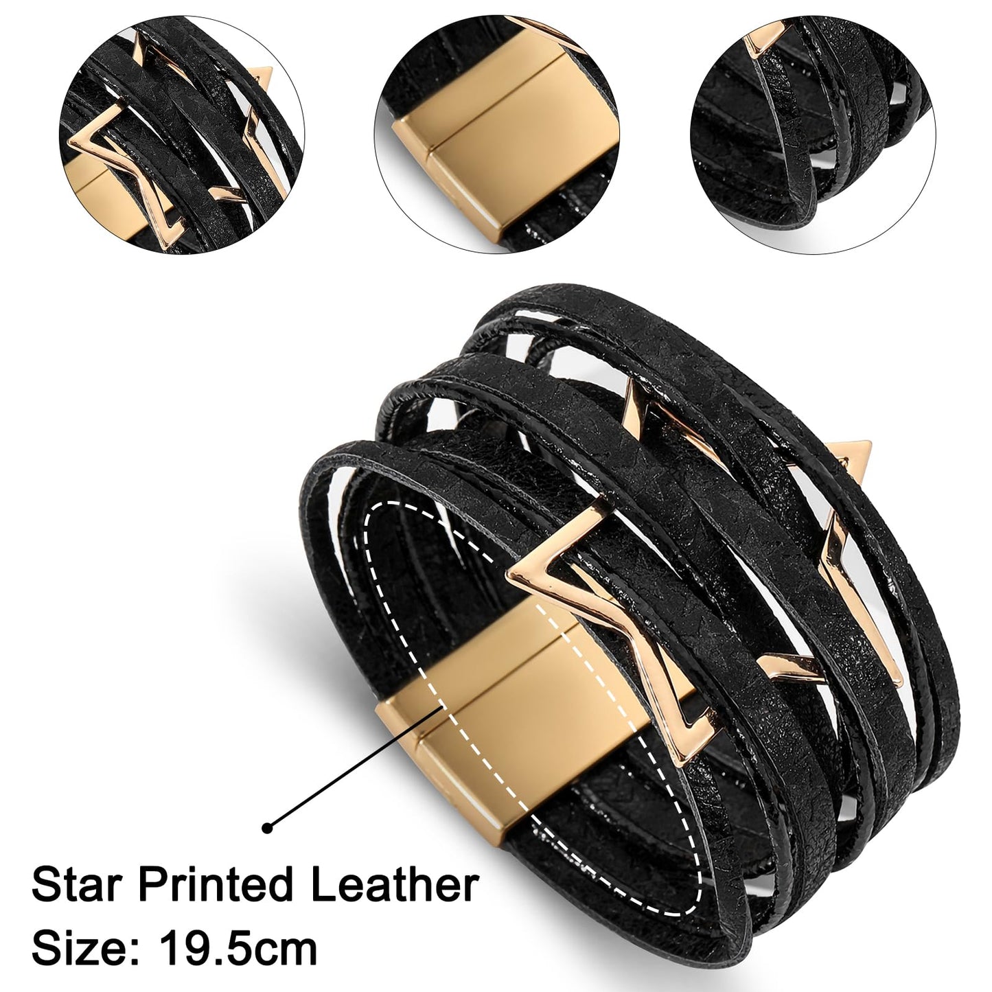Leopard Bracelet for Women, Boho Leather Wrap Multi-Layer Pearl Crystal Bracelet Bangle Jewelry (Star Leather(Black))