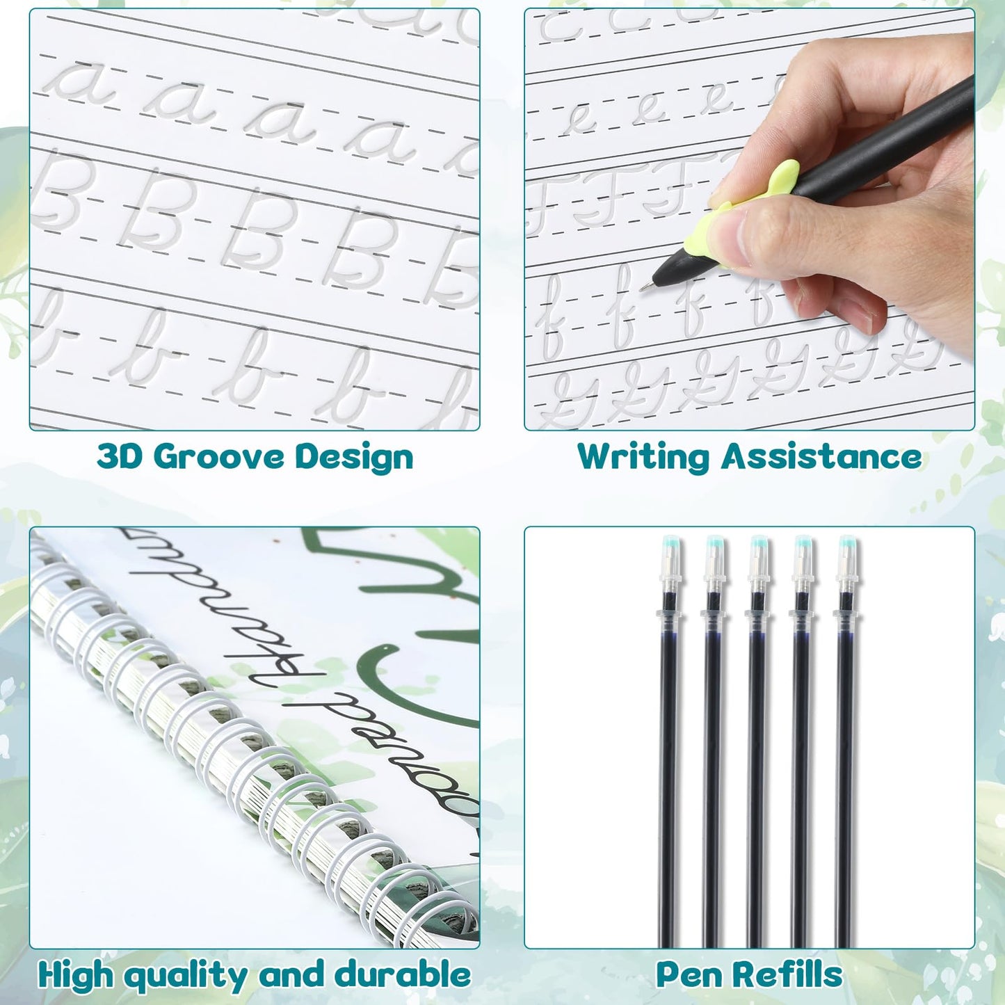chiazllta Grooved Cursive Handwriting Workbook with Disappearing Ink Pens Magic Reusable Grooved Cursive Writing Practice for Beginners Kids Kickoff Student Workbook Homeschooling Supplies (Letters)