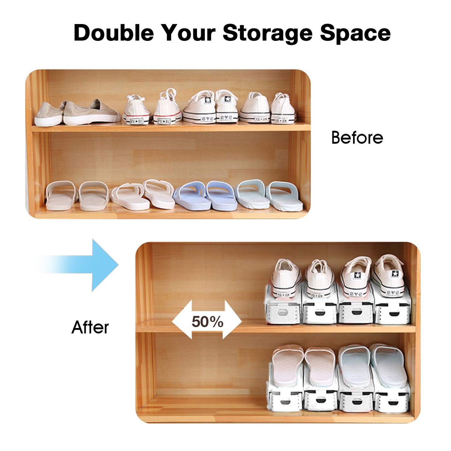 Neprock Shoe Slots Organizer, 20 Pack Adjustable Shoe Rack Stacker Storage Space Saver, Double Deck Shoe Rack Holder for Closet Organization (White)