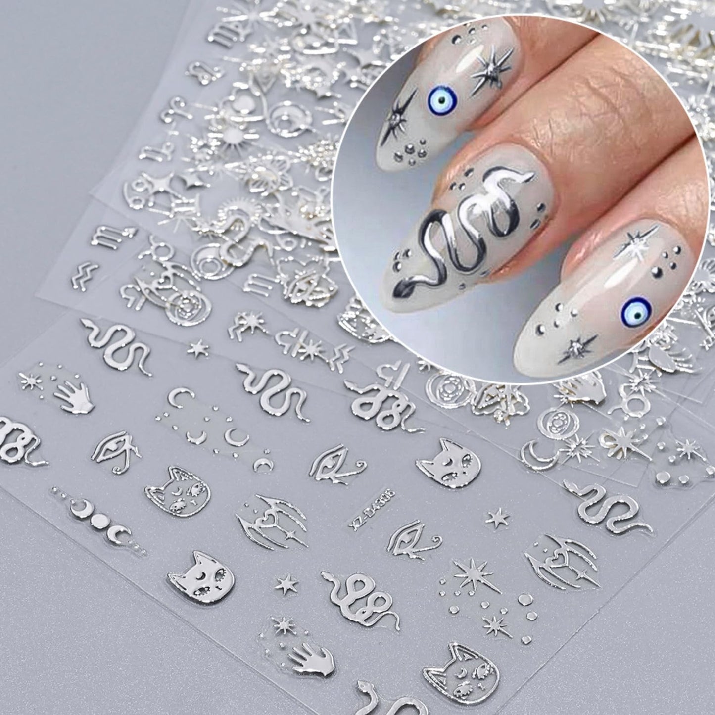 12 Sheets Laser Silver Nail Art Stickers, 3D Self-Adhesive Sun Moon Stars Designs Nail Sticker Acrylic Manicure Decals Decorations Accessory for Women Girls