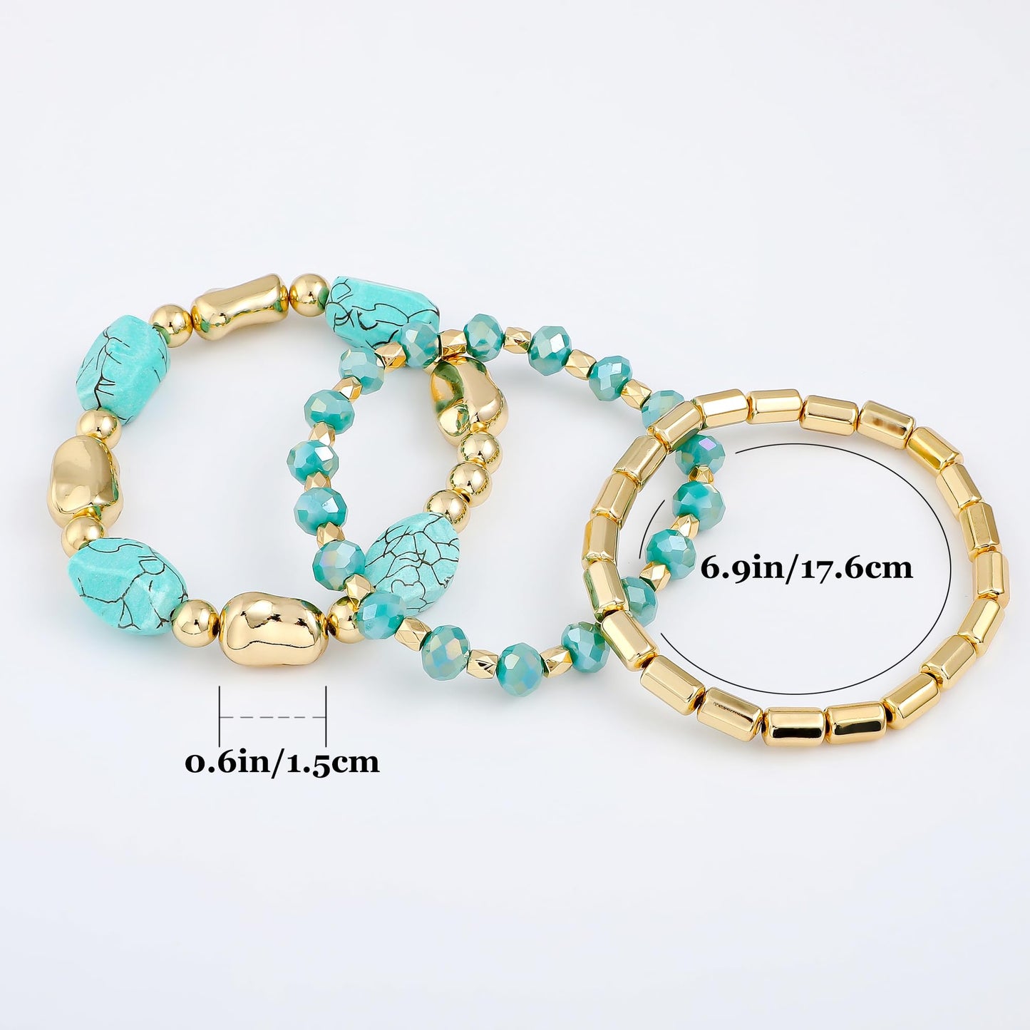 Aigrnc Boho Beaded Stretch Bracelets For Women Stackable Crystal Gold Plated Beaded Bracelets Set Trendy Handmade Friendship Braeclet Jewelry Gifts (L-Turquoise 3 pcs)
