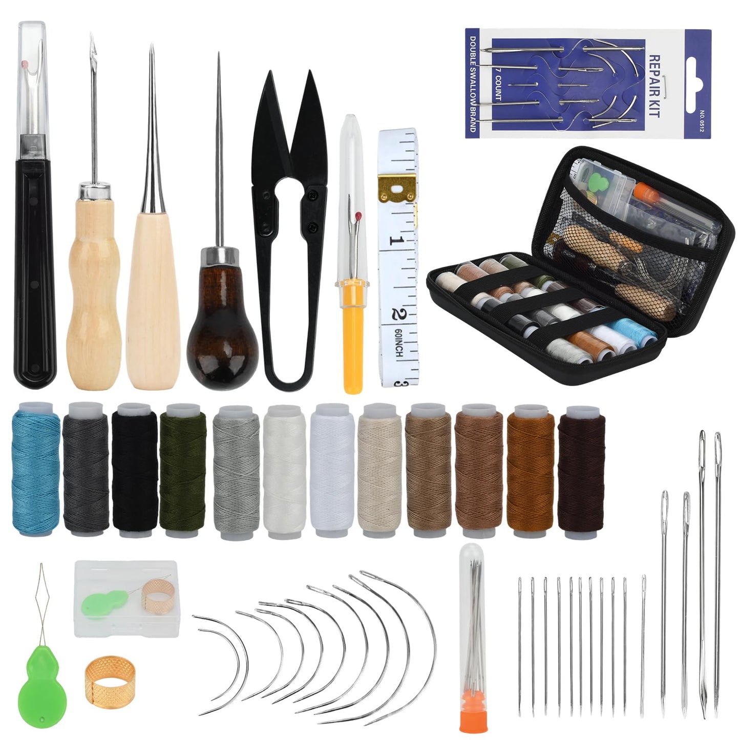 Leather Sewing Kit, Professional Leather Repair Kit with Upholstery Thread, Sewing Awl Hand Sewing Punch Stitching Needles for Craft DIY Tool (B Style)