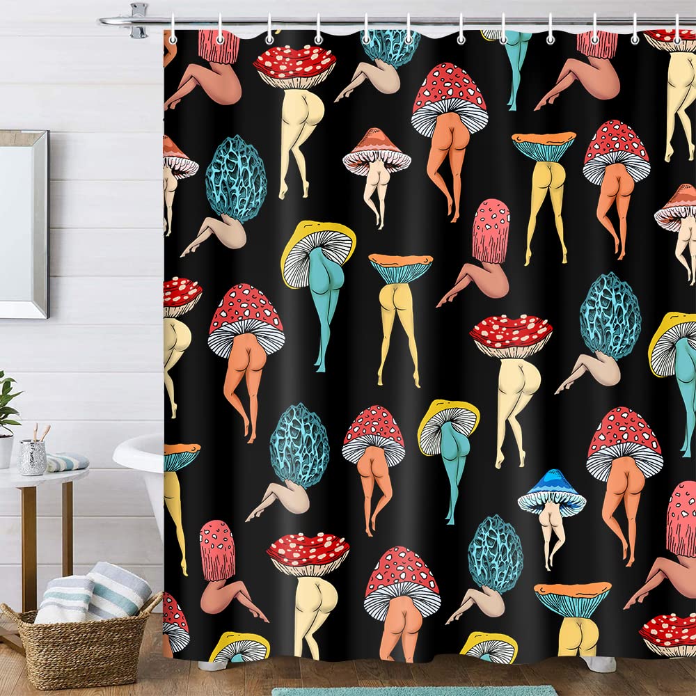Uokiuki Funny Mushroom Butt Shower Curtain, Fun Cute Sexy Butt 70S 80S Fabric Shower Curtains for Bathroom Hippie Psychedelic Aesthetic Colorful Unique Cool Cloth Black Shower Curtain Set 70X70IN