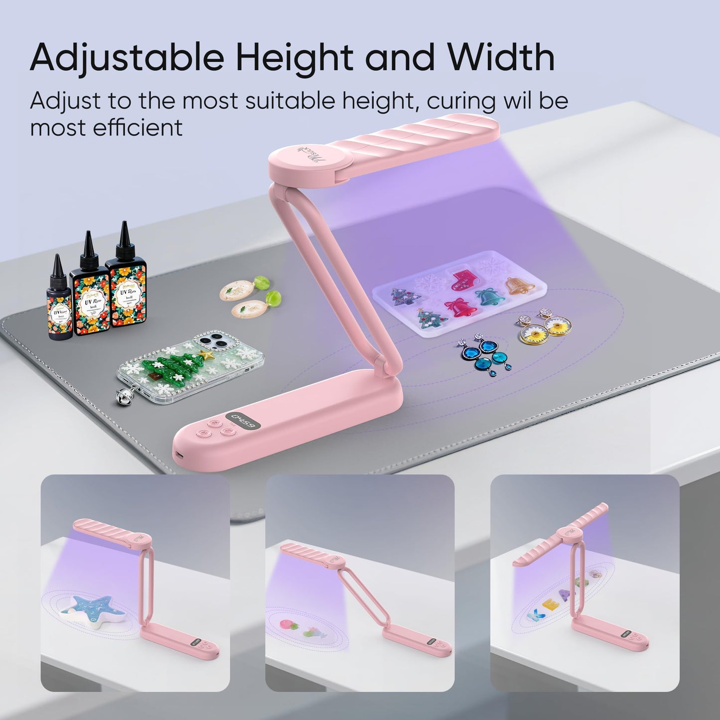 PPESULK 34 LEDs Cordless UV Light for Resin, Fast Curing Foldable UV Resin Lamp with LCD Timer Display, Rechargeable 3000mAh UV Lamp for Jewelry Making, Resin Molds & DIY Resin Crafts (Pink)