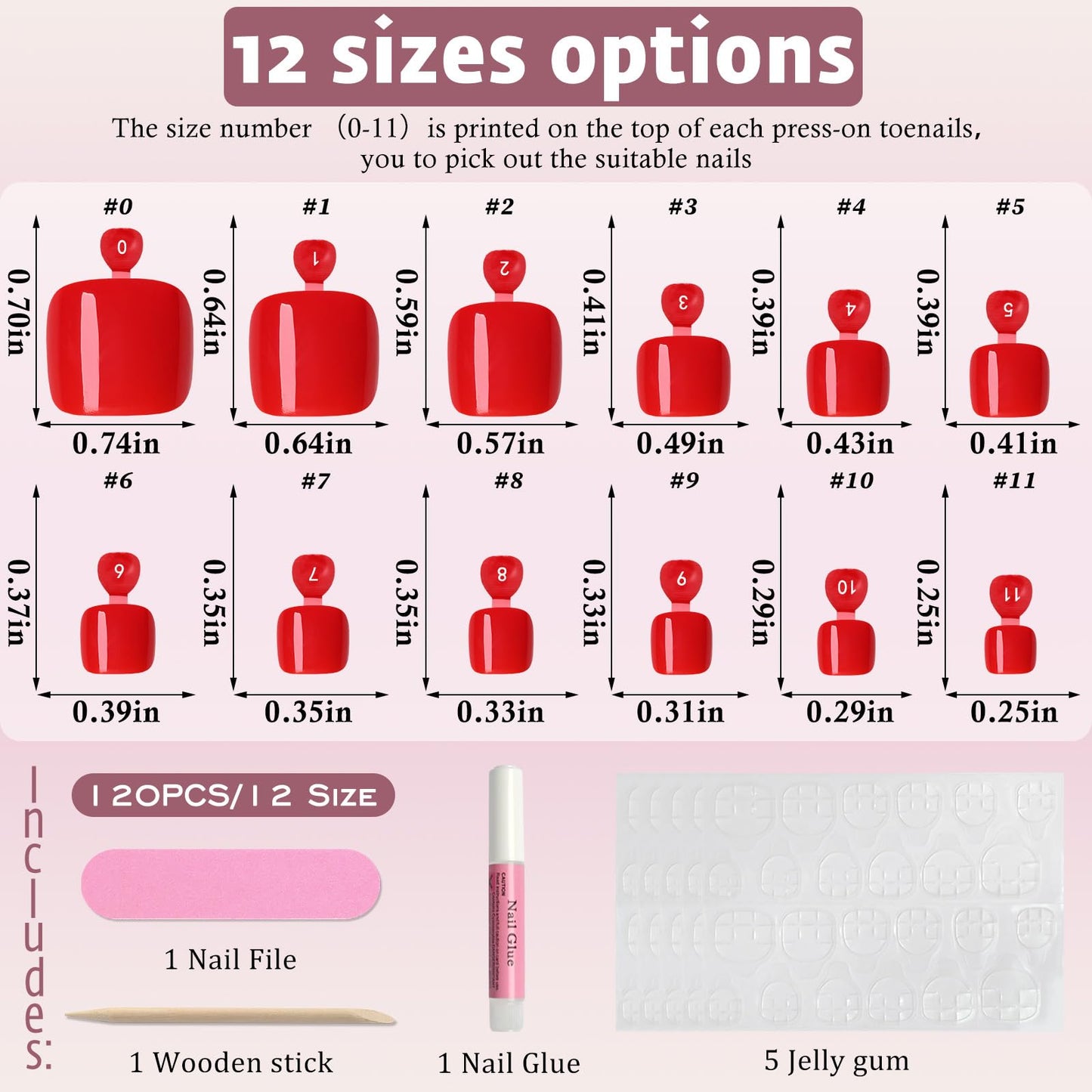 120pcs Red Press on Toenails for Women,Short Square Fake Toe Nails,12 Sizes False Toenails with Nail Glue and Adhesive Tabs