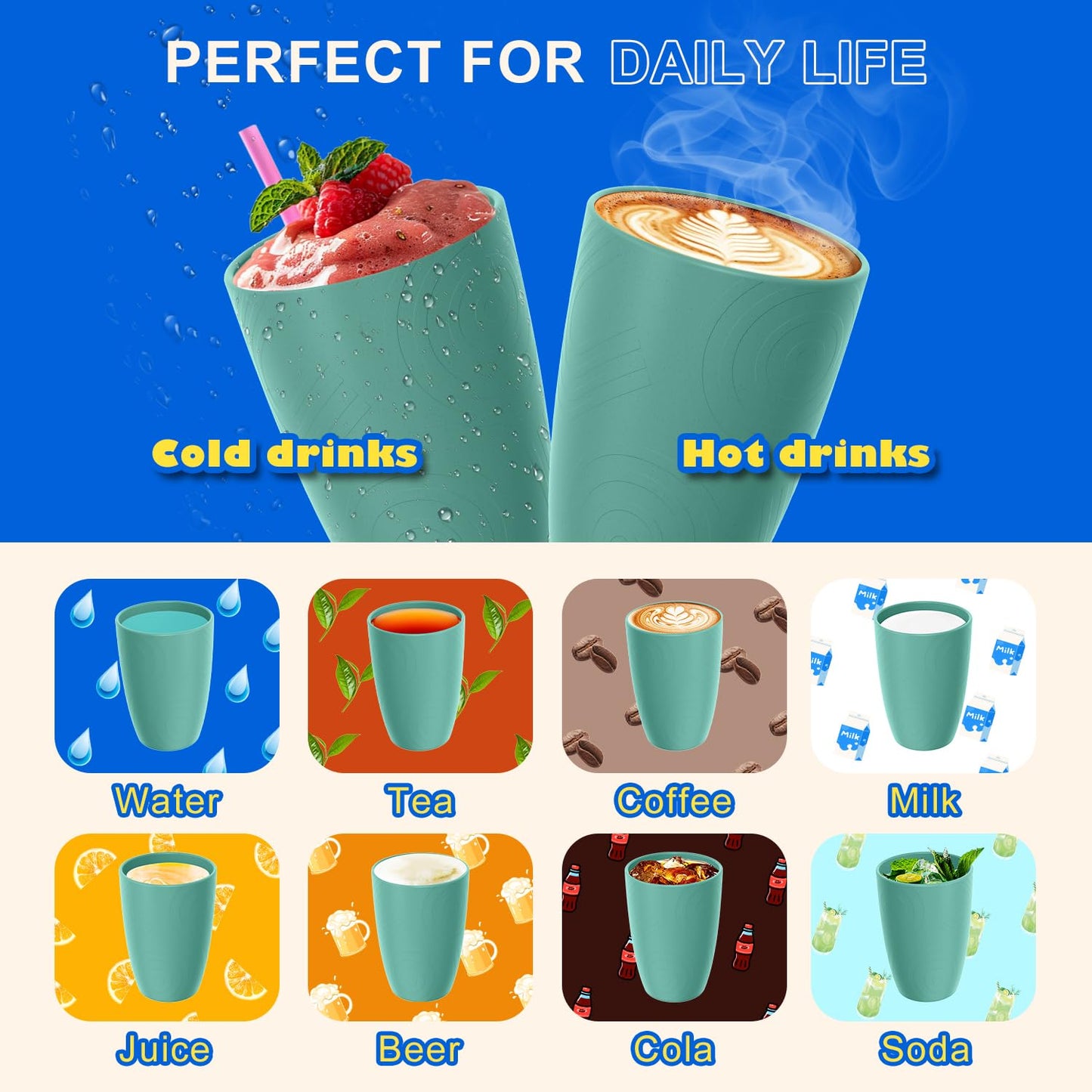 Perlapoc Reusable Wheat Straw Cups 6 PCS, Unbreakable 16 OZ Plastic Cup Alternative, Dishwasher Safe Drinking Glasses for Indoor & Outdoor Use, Green