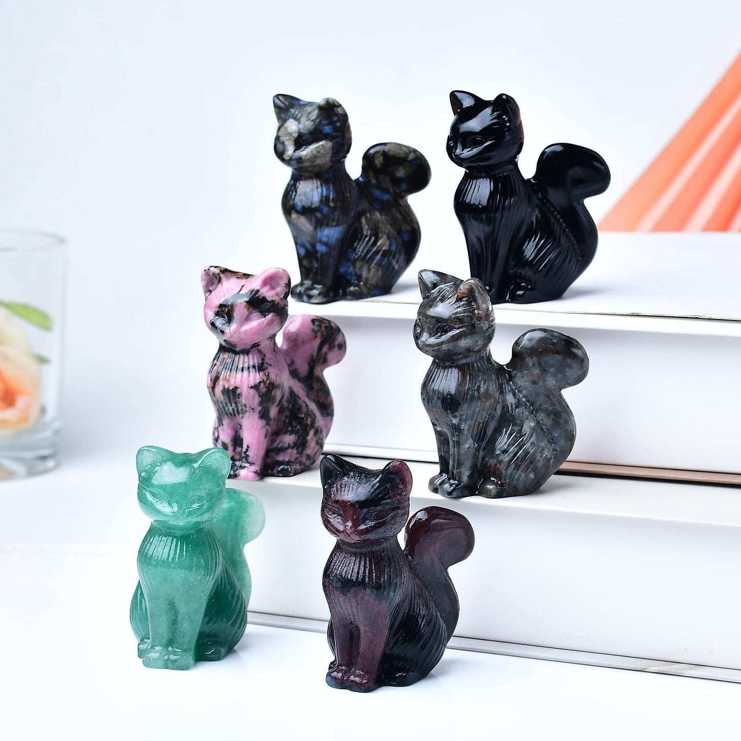 WUYOUSHI Natural Flame Stone Crystal Cat Statue 2.4 Inch - Handmade Healing Sculpture, Lucky Guardian Pocket Statue for Reiki Meditation, Office & Home Decoration Gift