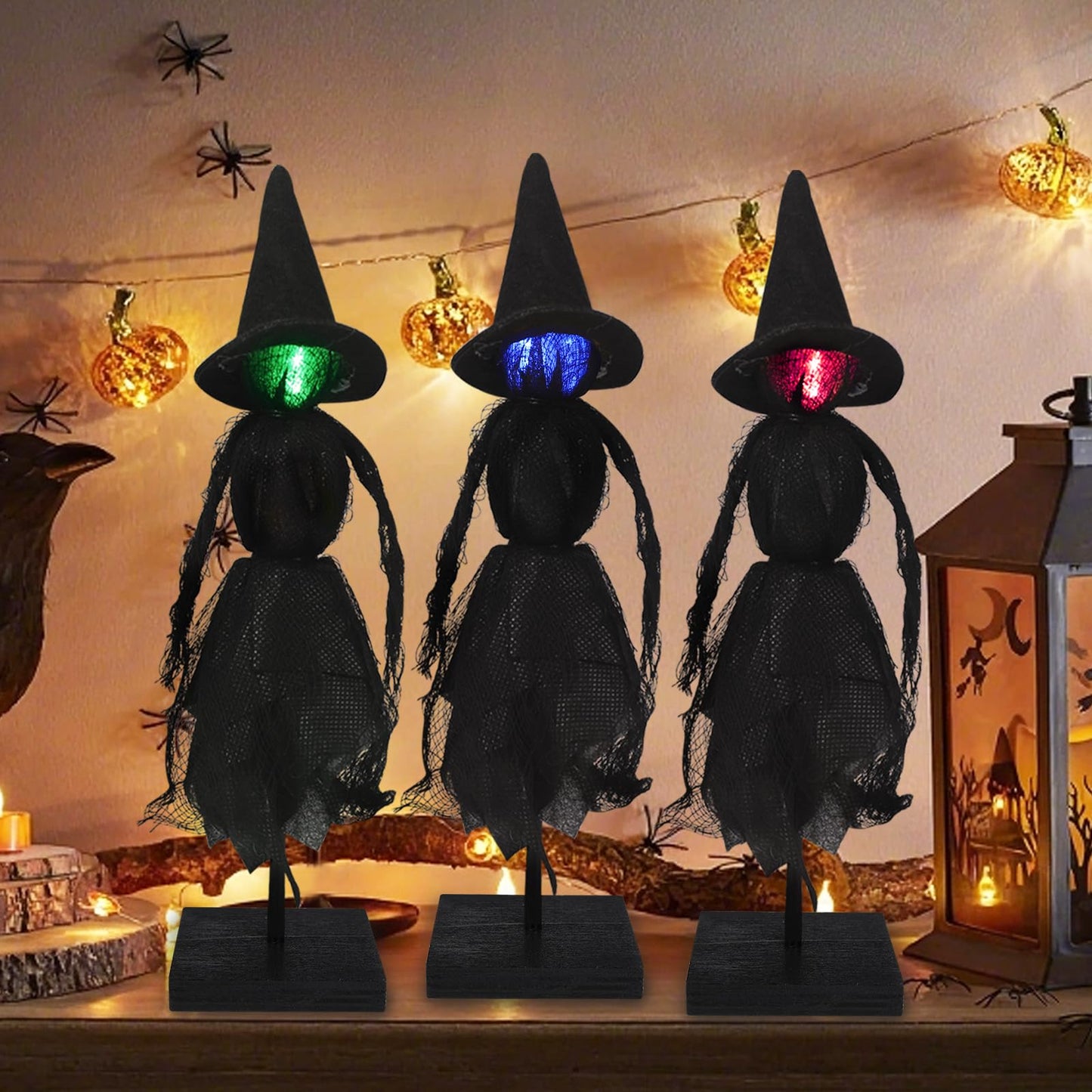 DIYDEC Witch Indoor Decorations 3pcs Halloween Witch on Wooden Stand With Light Up Halloween Table Centerpieces Signs for Home Shelf Mantels Kitchen Indoor Decorations Gifts