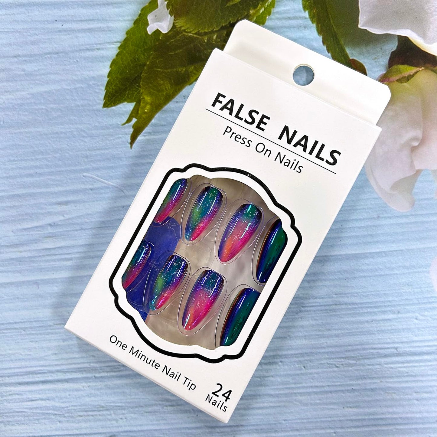 Aurora Plating Medium Colorful Smudge Free Coffin Acrylic Nails - Stars Sky Design, Full Cover Press On, Artificial, Glue On for Women