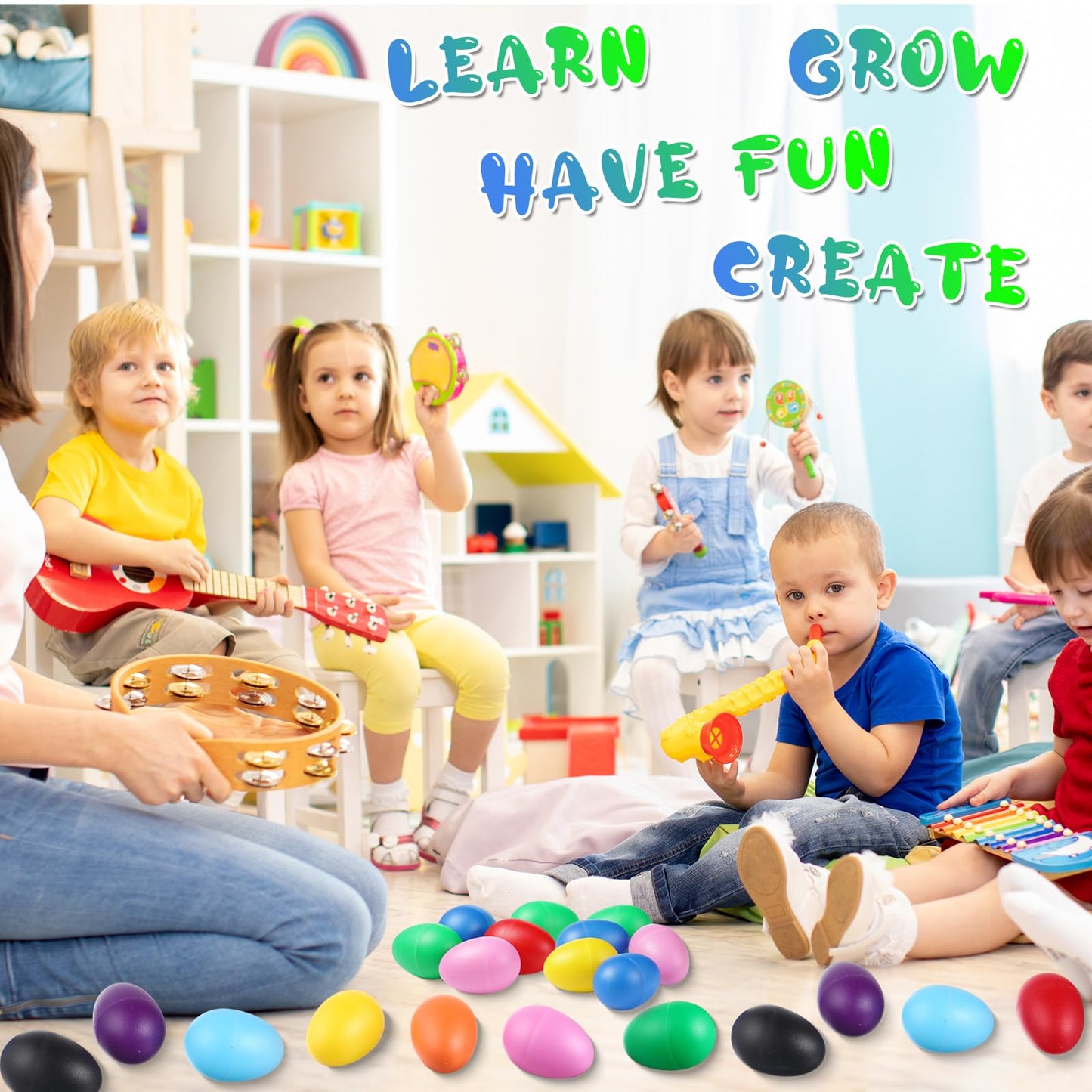 Yeshone 100 Pieces Egg Shakers Bulk Musical Instruments Percussion Maracas Egg for Kids Toys Plastic Shaker for Learning DIY Painting, Classroom Music, Rhythm(10 Color)