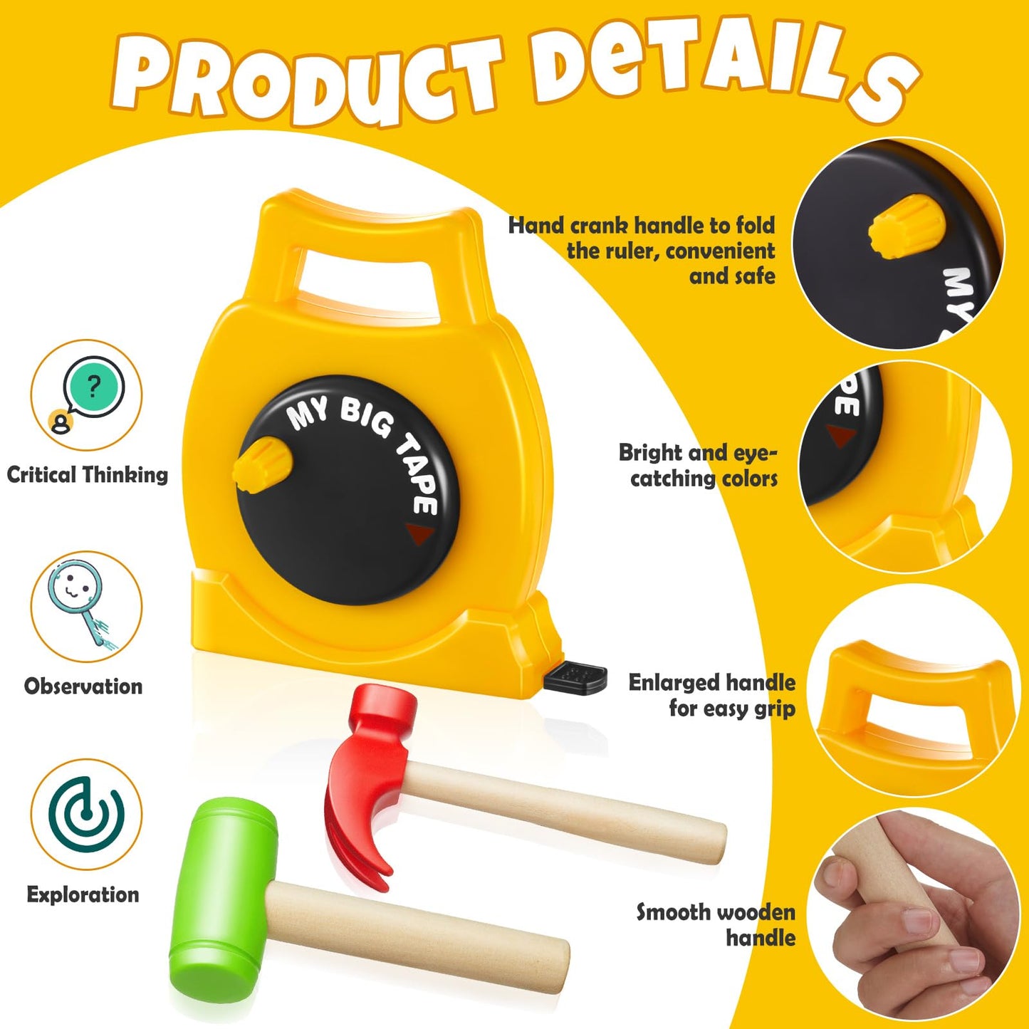 Wovnet 1 Pcs Kids Measuring Tape Toy and 2 Pcs Hammer Simulation Wooden Plastic Mallet Toy for Kids Toddler Back to School Educational Learning