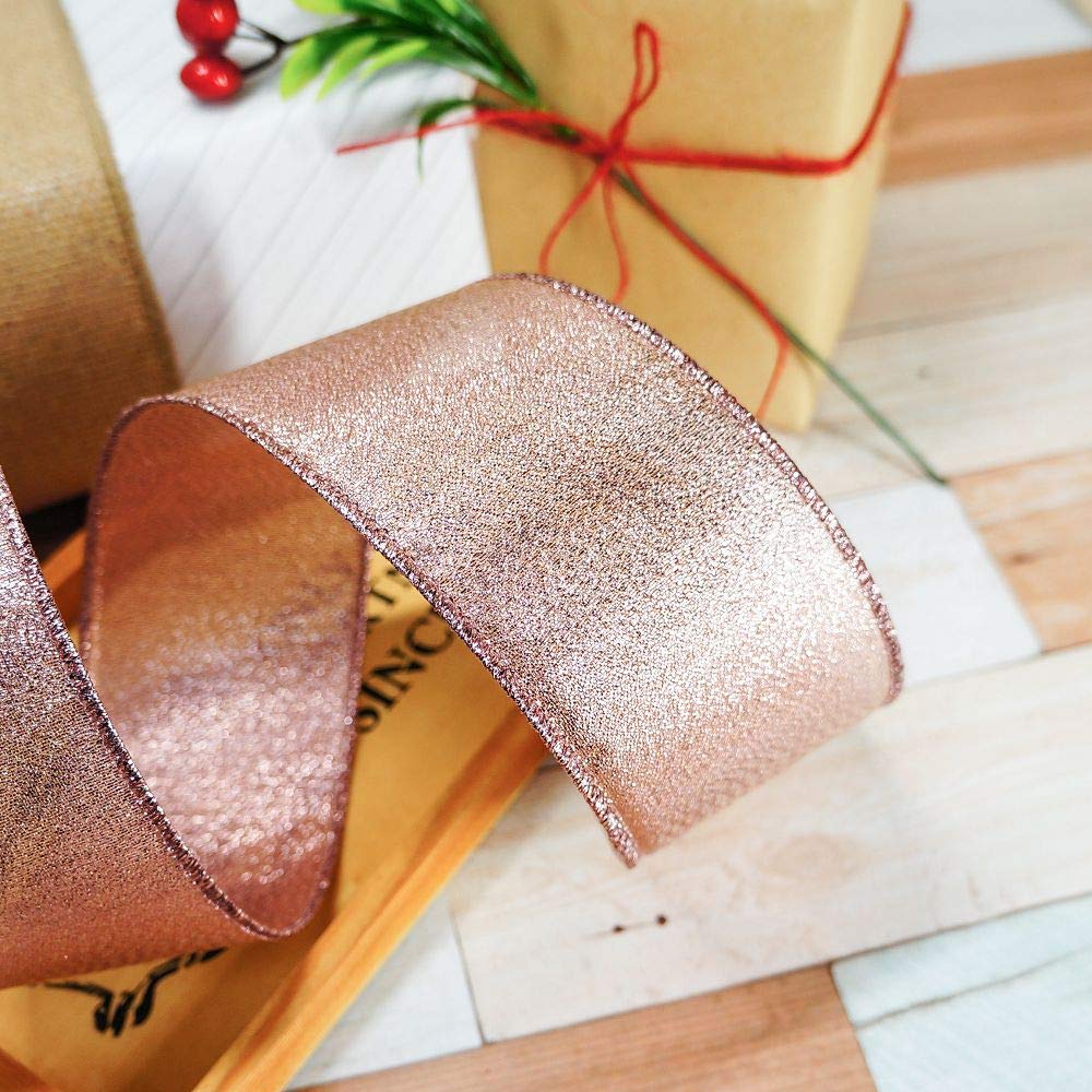 CT CRAFT LLC Metallic Diamond Wired Ribbon 2.5" x 10 Yards Rose Gold for Christmas Home Decor Bow Gift Wrapping DIY Crafts Wreath Garland Wedding