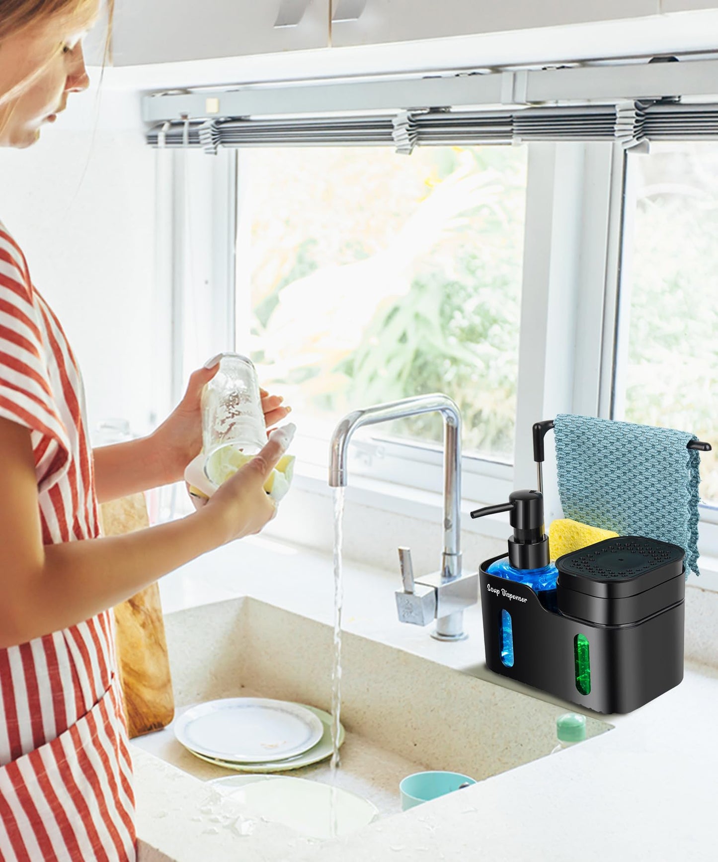 Hand Soap and Dish Soap Dispenser Set for Kitchen, Dual Soap Dispenser with Sponge Holder and Dishcloth Holder 4-in-1 Organizer for Kitchen Sink Countertop, Useful Kitchen Gadgets (Black)