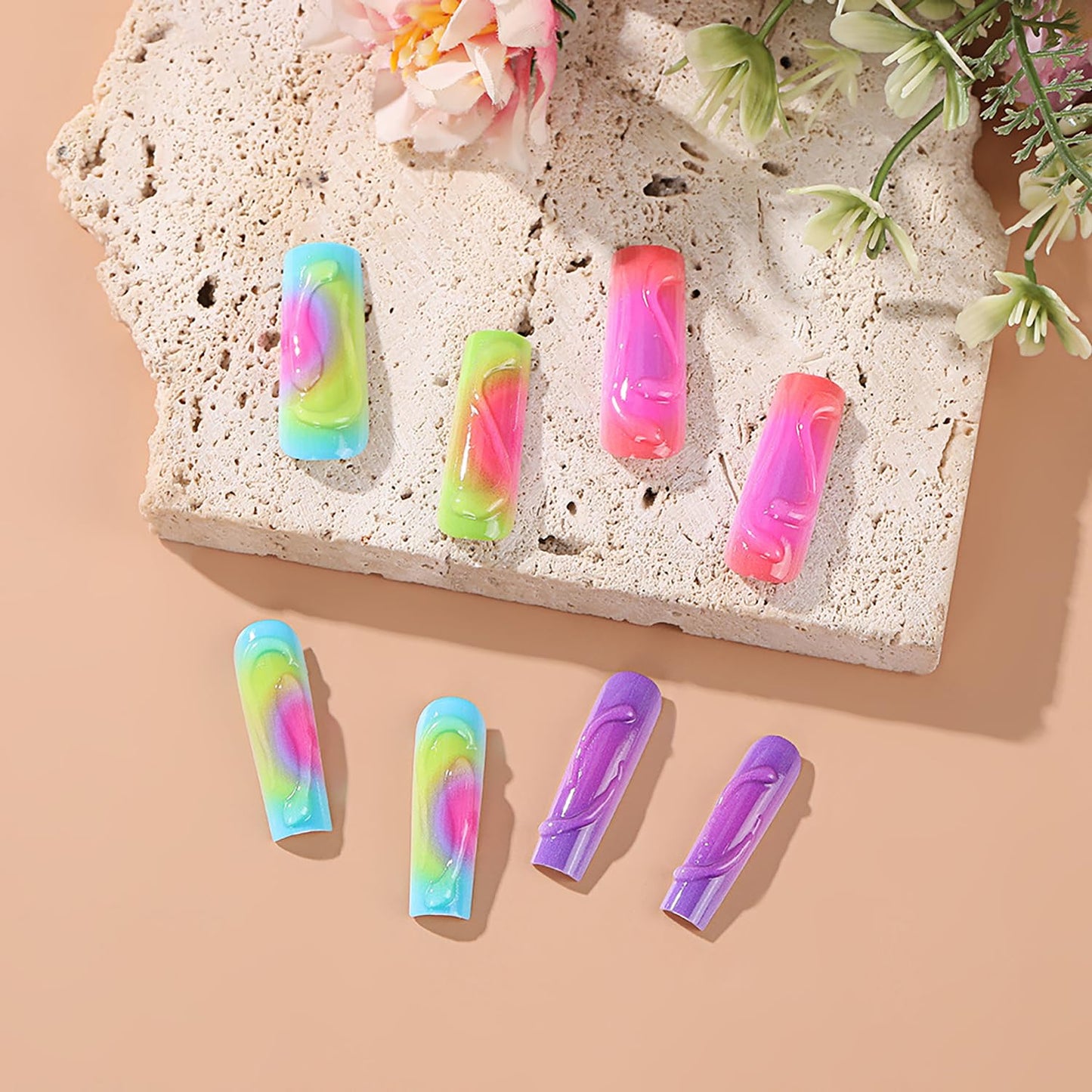 CJDLTS 3D Stereoscopic French Press on Nails - Long Square Coffin Colorful False Full Cover Artificial Acrylic Stick on DIY Glue on for Women - Manicure Kit 24Pcs