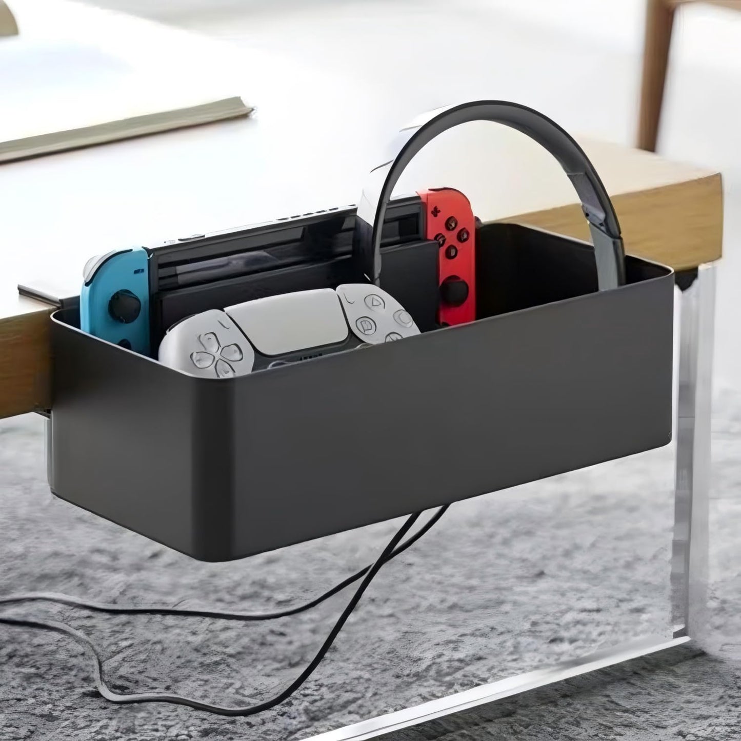 MAGSNOIC No Drill Desk Side Storage,Hanging Organizer,Clamp on Table Basket,Minimalist,Metal material,To Store Office Accessories, Gaming Devices,Storage for Office & Home,Black
