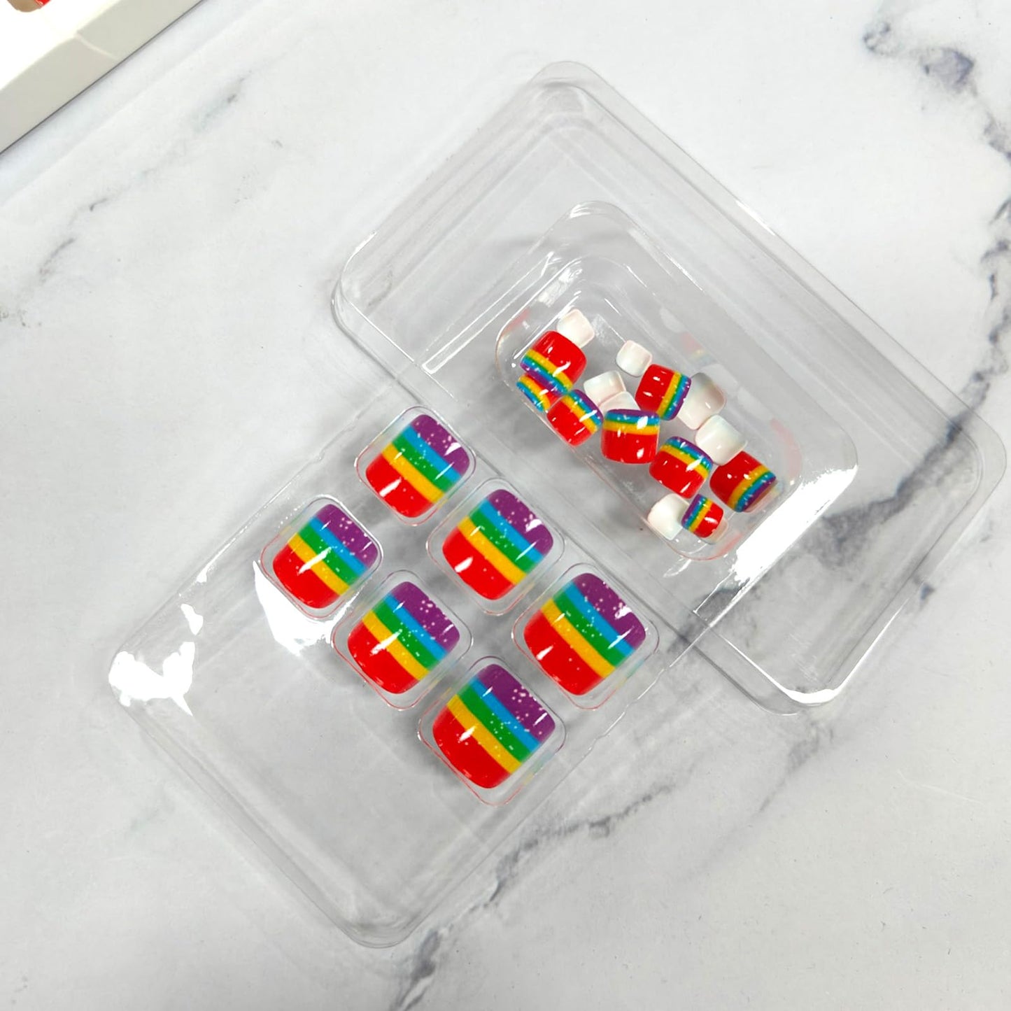 Rainbow Press on Toenails Short Square Fake Toe Nails Press ons Colorful Stripes Design False Toenails Glossy Glue on Toe Nails Spring Summer Acrylic Toenails for Coquette Women 24Pcs