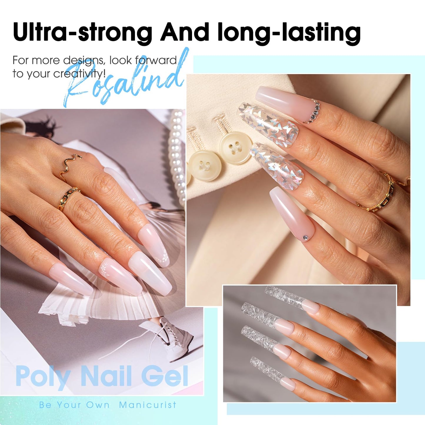 ROSALIND Pink Poly Nail Gel Kit -12 Colors + Nail Art Accessories Kit Nude Shades Poly Nails Gel Starter Kit with Slip Solution All Seasons Classic Colors Nails Extensions Set with Mini UV Lamp