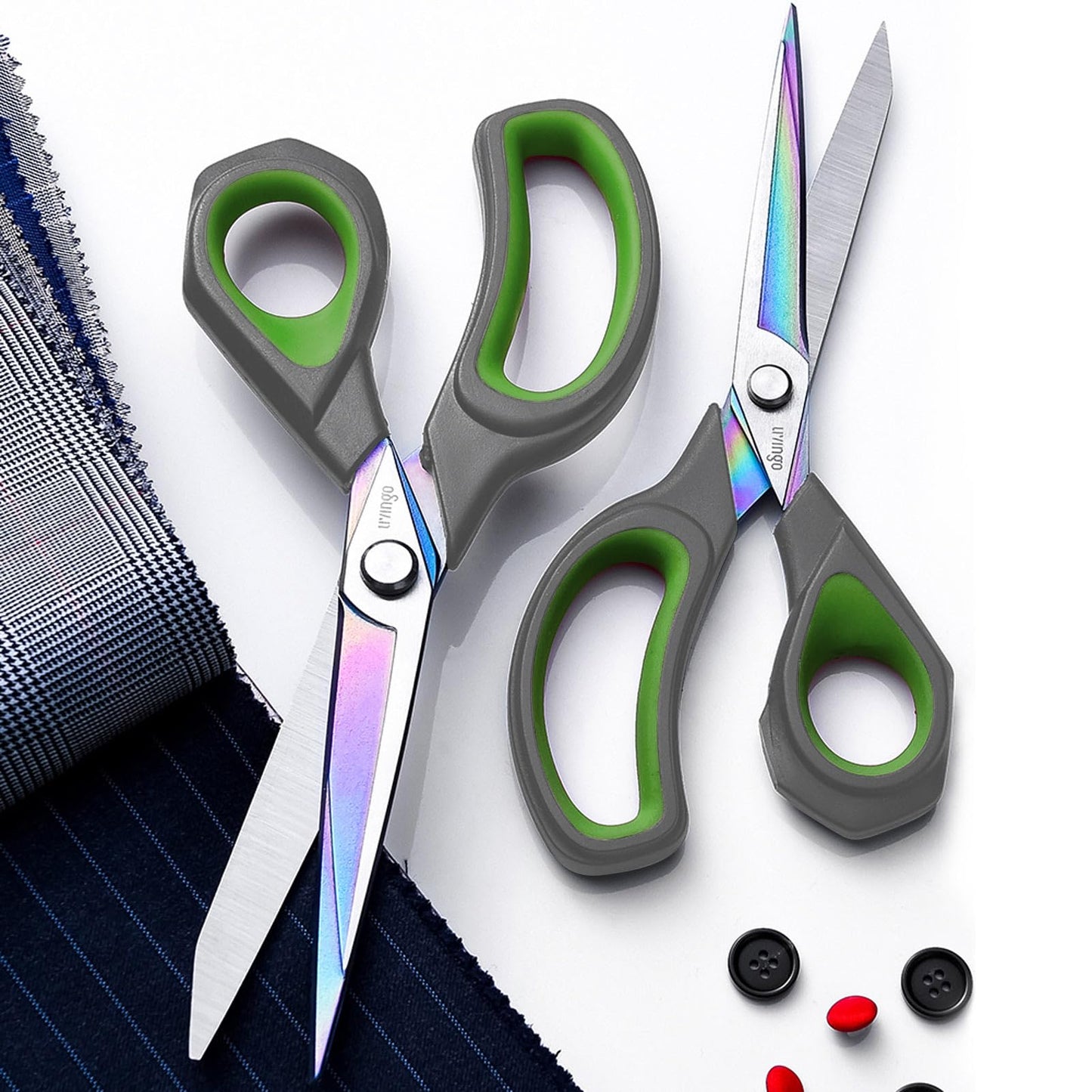 LIVINGO Professional Sharp Fabric Scissors - Titanium Coated Forged Steel Heavy Duty Shears All Purpose for Sewing Craft Cutting Cloth, Paper, Leather, 9.5 Inches, Gray/Green
