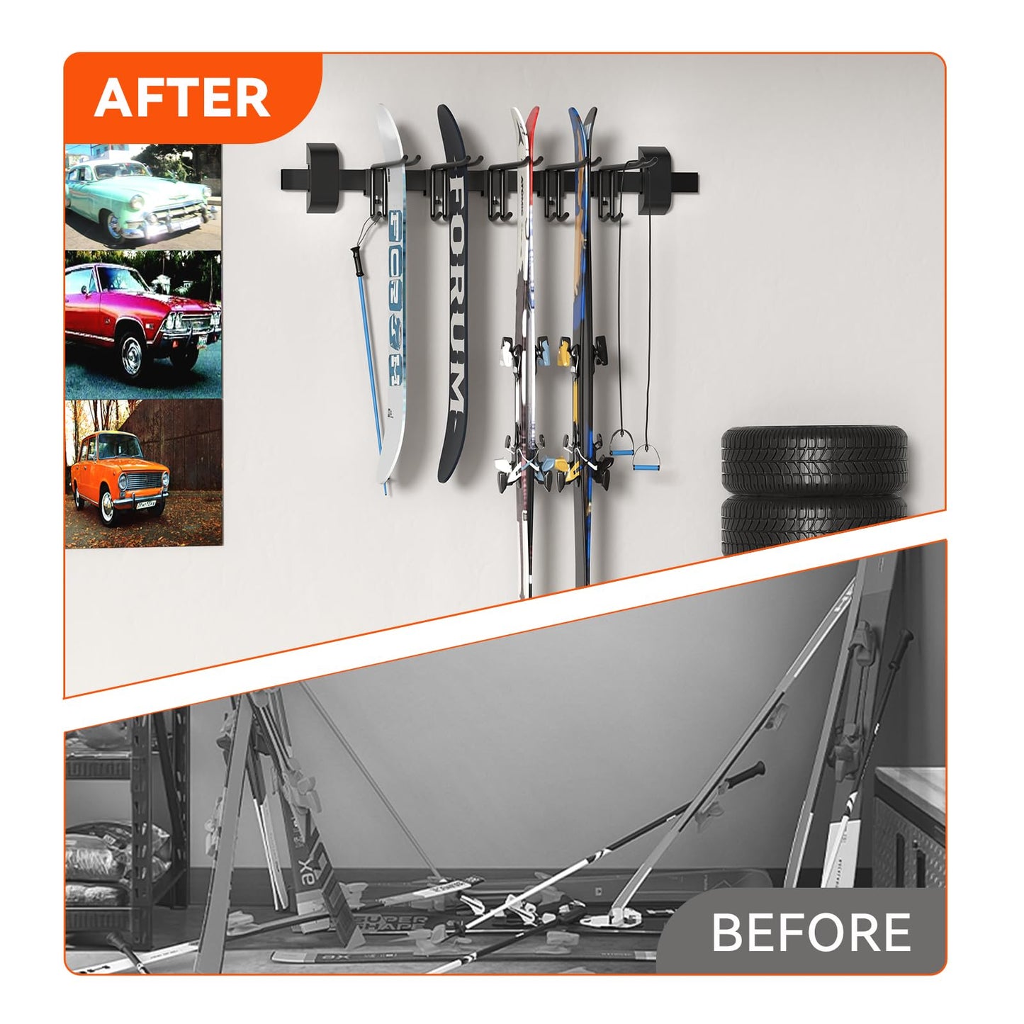 Tdrynl 32" Ski & Snowboard Wall Rack – Heavy-Duty Wall Mounted Ski Storage for Garage, Holds 10 Pairs with 5 Adjustable Hooks, 300lbs Capacity, Non-Slip Rubber, Easy Install | Ski Holders for Wall