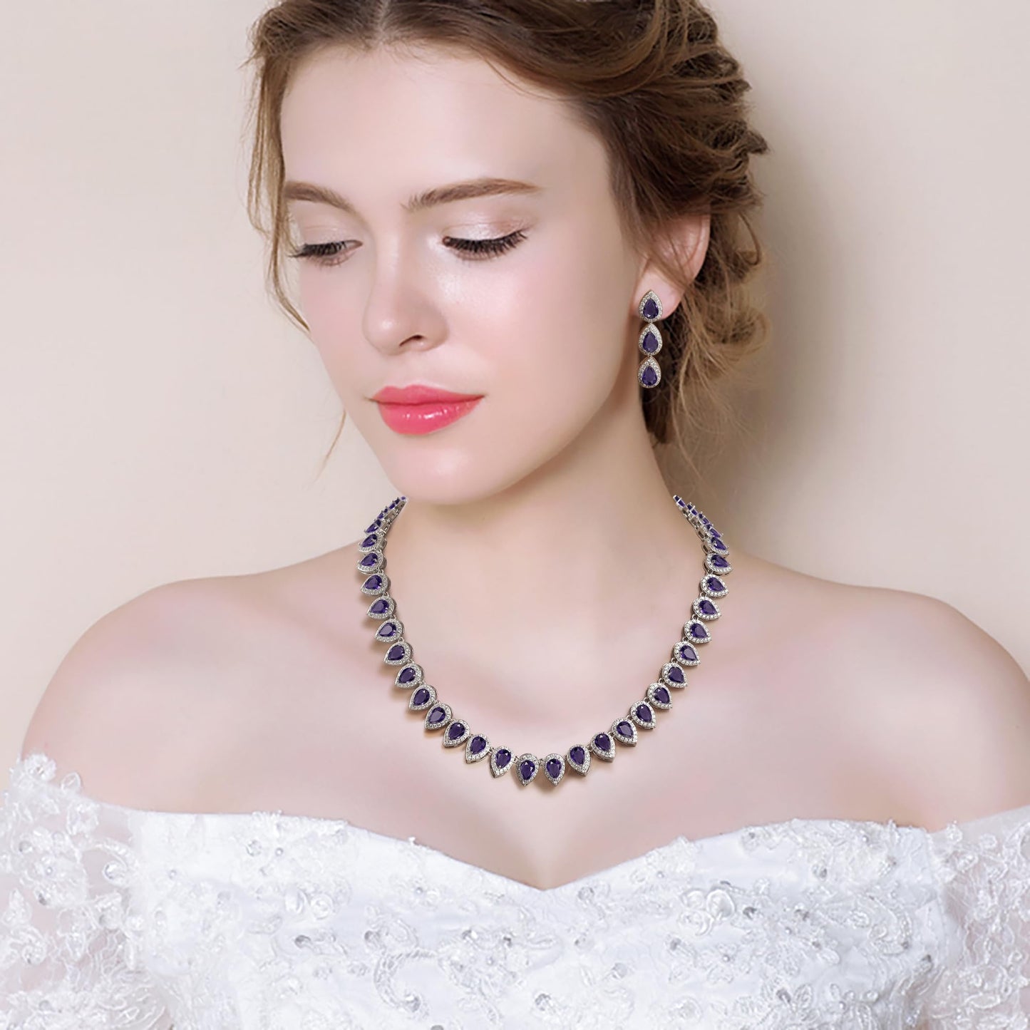 EleQueen Women's Wedding Bridal Full Prong Cubic Zirconia Teardrop Necklace Earrings Set for Brides Bridesmaids Amethyst Color