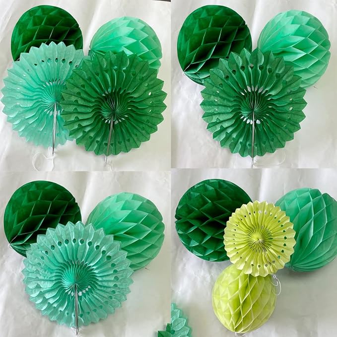 12pcs 6’’ 8’’ Honeycomb Balls Tissue Paper Fans Party Honeycomb Ball Fans Wall Decorations Tissue Pom Poms Flower Balls Hanging Paper Fans for Party Baby Shower Birthday Wedding Nursery(Green kit)