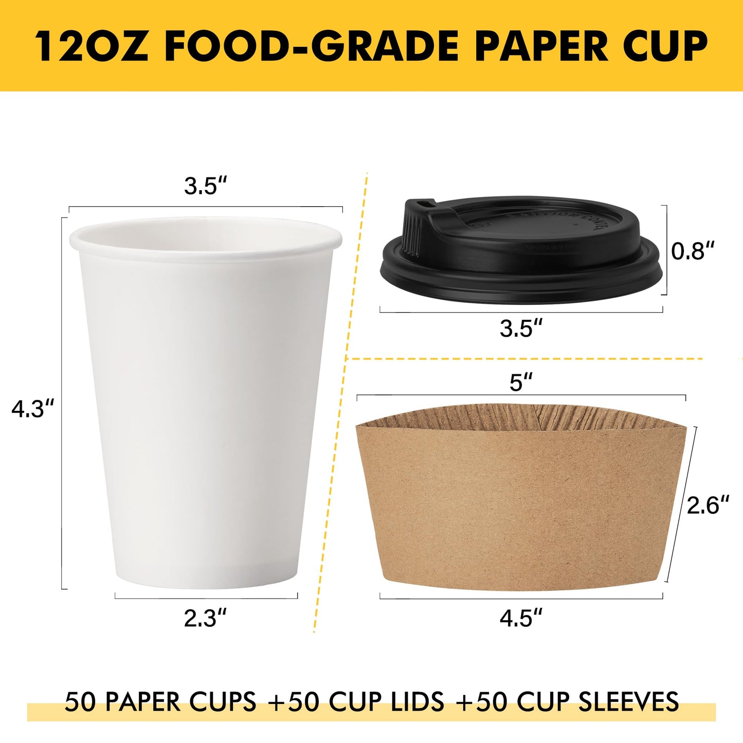 RACETOP 12 oz 50 pack Disposable Paper Coffee Cups with Lids and Sleeves