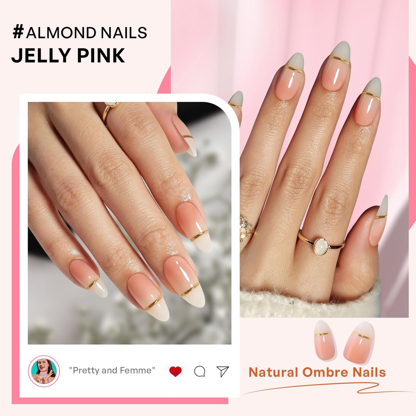 Milky White to Pink French Tip Press on Nails - GJZEZ Soft Gel Medium Almond Ombre Gradient Fake Nails with Gold Line | 16 Sizes - 32 Pcs Reusable Salon Perfect Faux Nail Gifts for Women, Glossy Gild