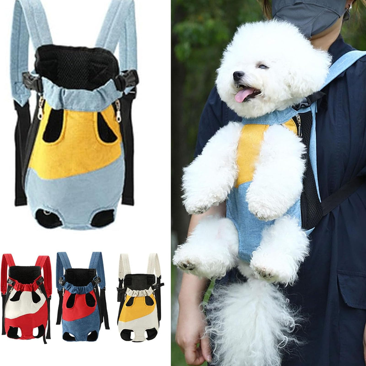 Lightweight Pet Backpack Carrier for Small Dogs & Cats - Easy-Fit Adjustable Straps, Basic Legs-Out Design, Durable for Daily Use (Fits Pets Under 15lb) (Yellow-White Color-Blocked, Large)