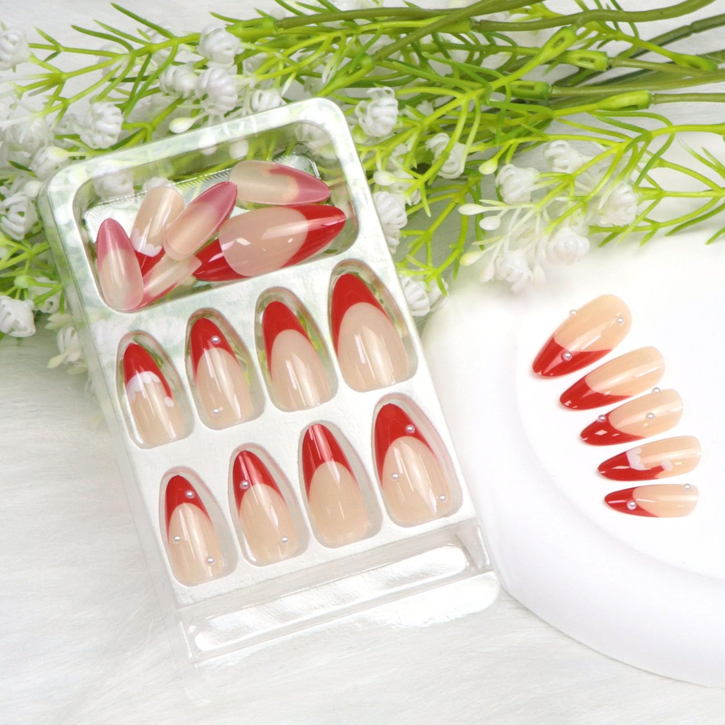 Christmas Press on Nails Medium Almond Fake Nails with Pearl Designs French Tip Nails Press ons Glossy Xmas Red Nude Glue on Nail Winter Artificial Stick on Nail for Women 24 Pcs