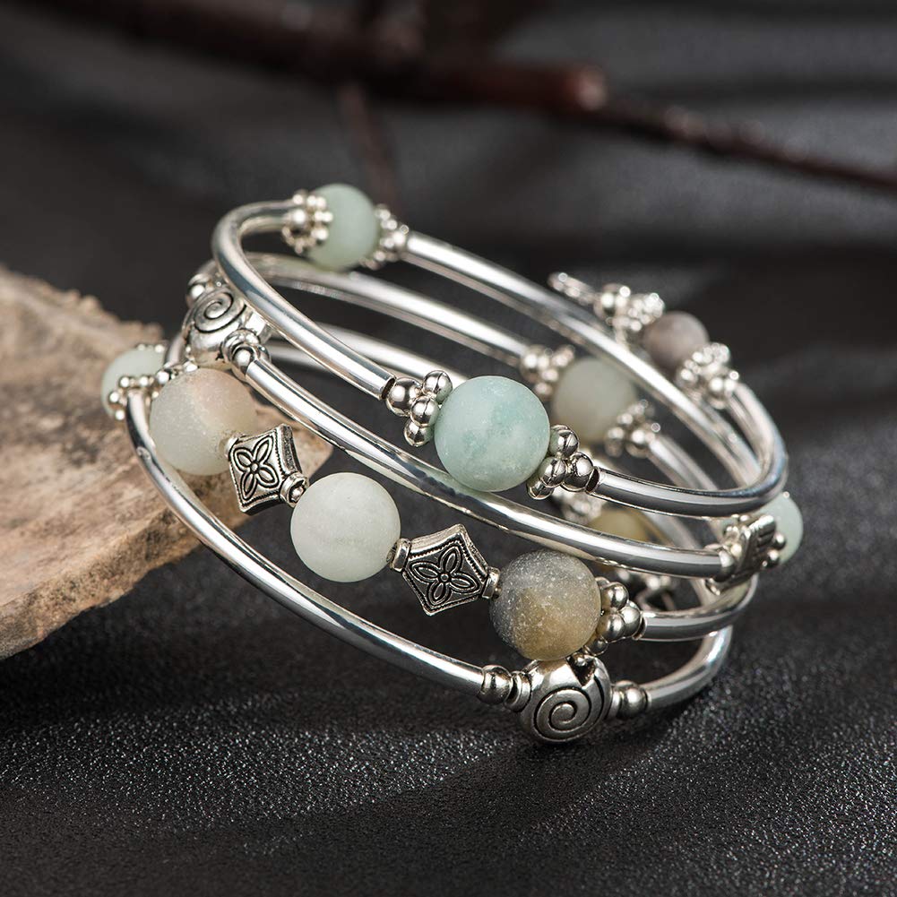 Beaded Pearl Bangle Wrap Bracelet - Fashion Bohemian Jewelry Multilayer Charm Bracelet with Thick Silver Metal Beads, Gift For Women(Green)