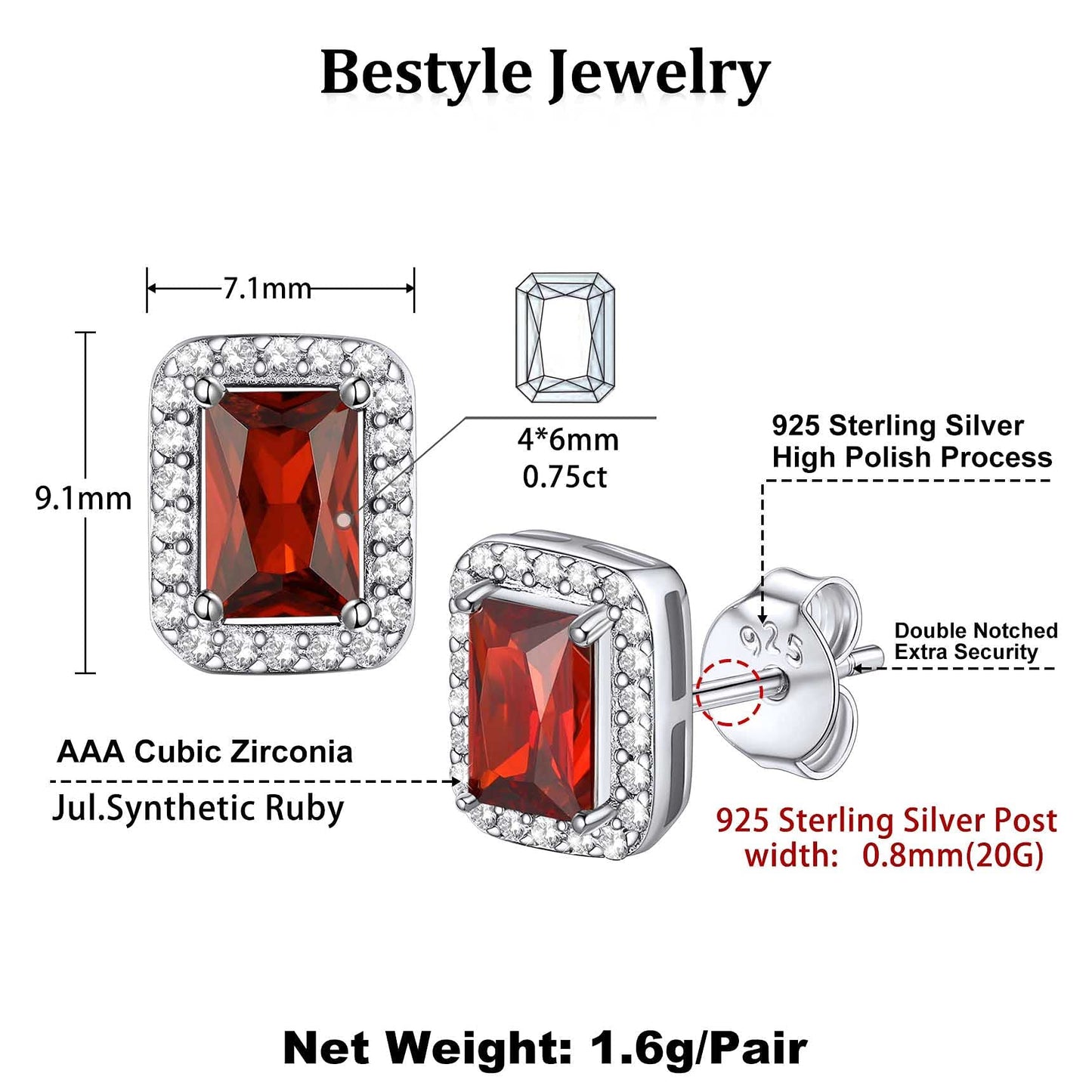 Bestyle 925 Sterling Silver Birthstone Earrings Love Square Cut Cubic Zirconia Stud, Brilliant Created July Ruby Earrings for Women