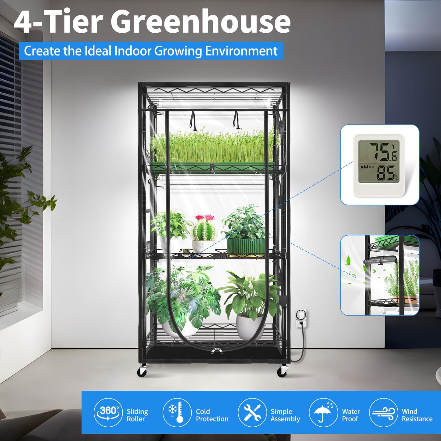 JESLED Indoor Greenhouse with Grow Light - Full Spectrum 5000K LED for Seed Starting, Tiered Lighting Control, Built-in Timer & Thermo-Hygrometer, Rolling Metal Plant Stand (23.6x13.8x59 in)